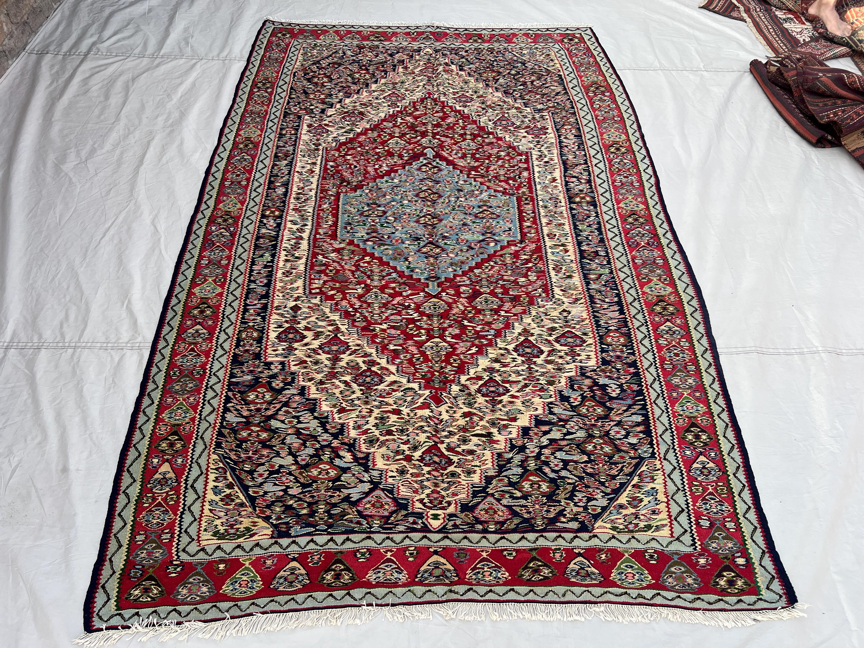 5x8'1 Ft Vintage Afghan Kilim Flatweave Rug | Red Navy Ivory Floral Diamond Medallion Botanical Wool Kilim | Boho Living Room, Bedroom