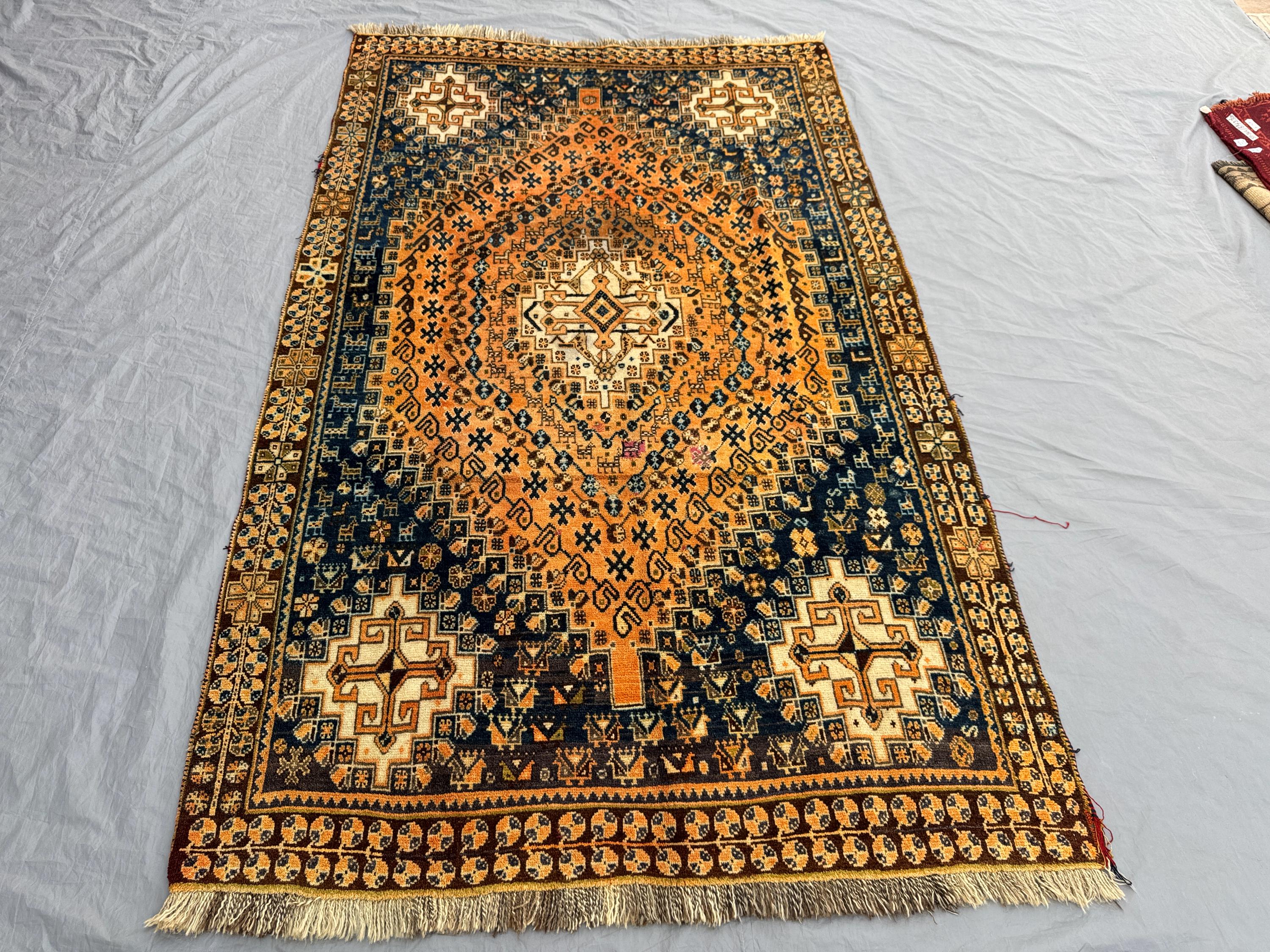 Multicolor 5x8 Hand-Knotted Turkish-Inspired Caucasian Medallion Vintage Rug, Sherazi Tribal, Soft , Animal & Floral Design, Boho Home Decor