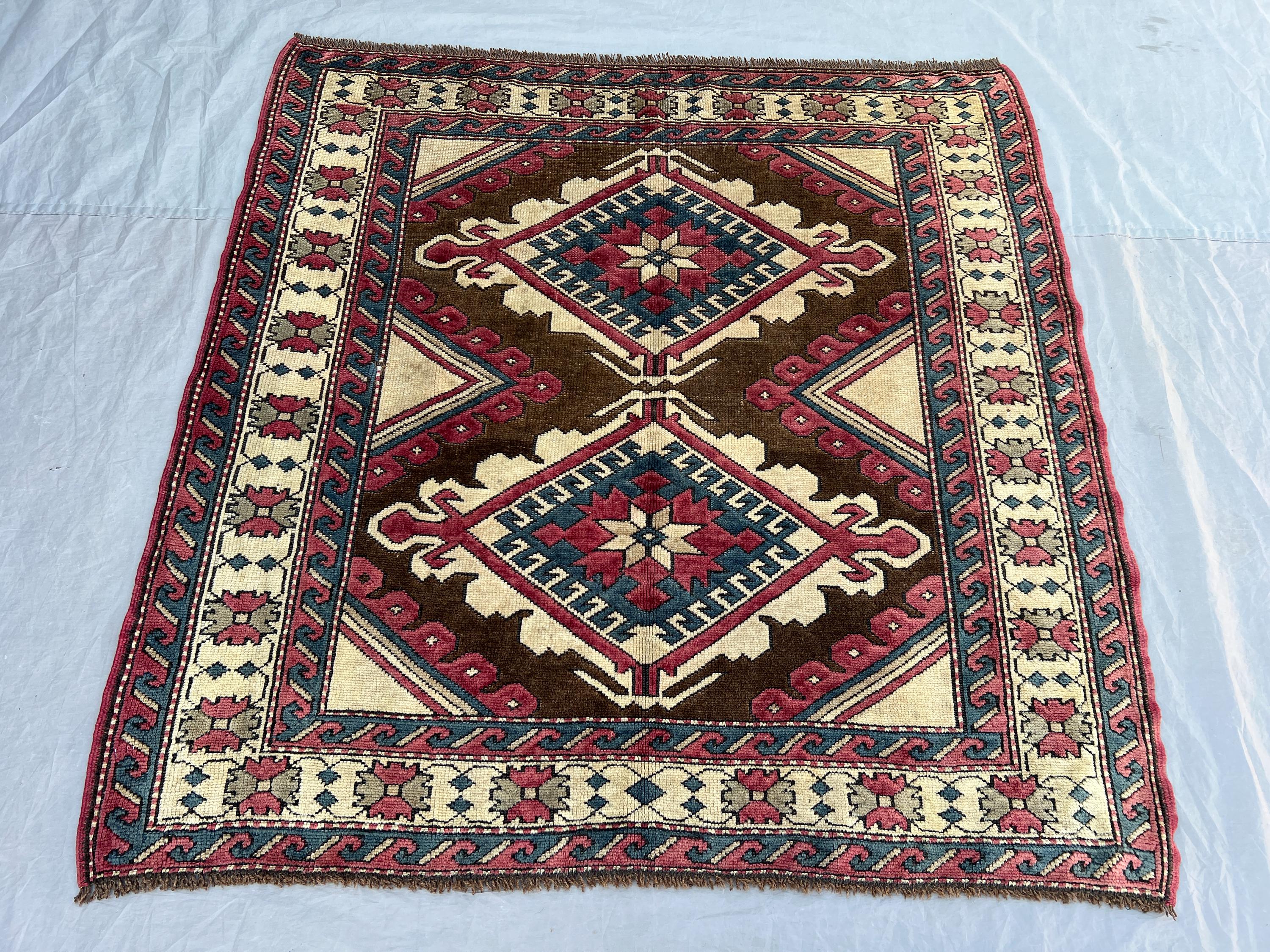 4'7x4'9 Ft Vintage Afghan Kazak Style Rug | Double Medallion Caucasian Tribal Hand Knotted | Brown Red Teal | Boho Living Room Accent Rug