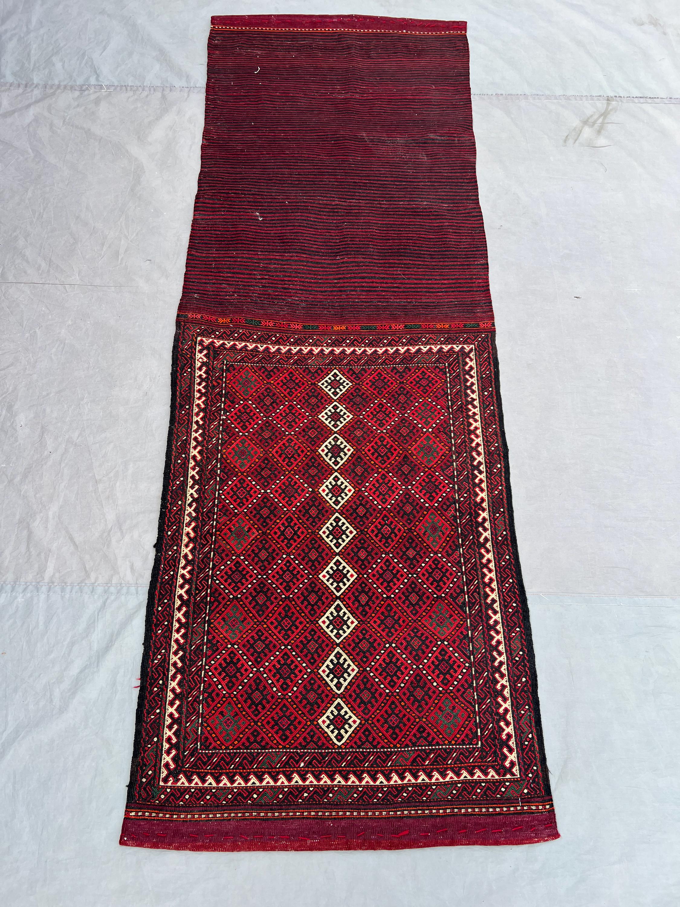 2'5x7'2 Ft Vintage Afghan Tribal Wool Saddle Bag Torba Deep Red Diamond Geometric Soumak Face Panel Boho Wall Hanging Collector Textile