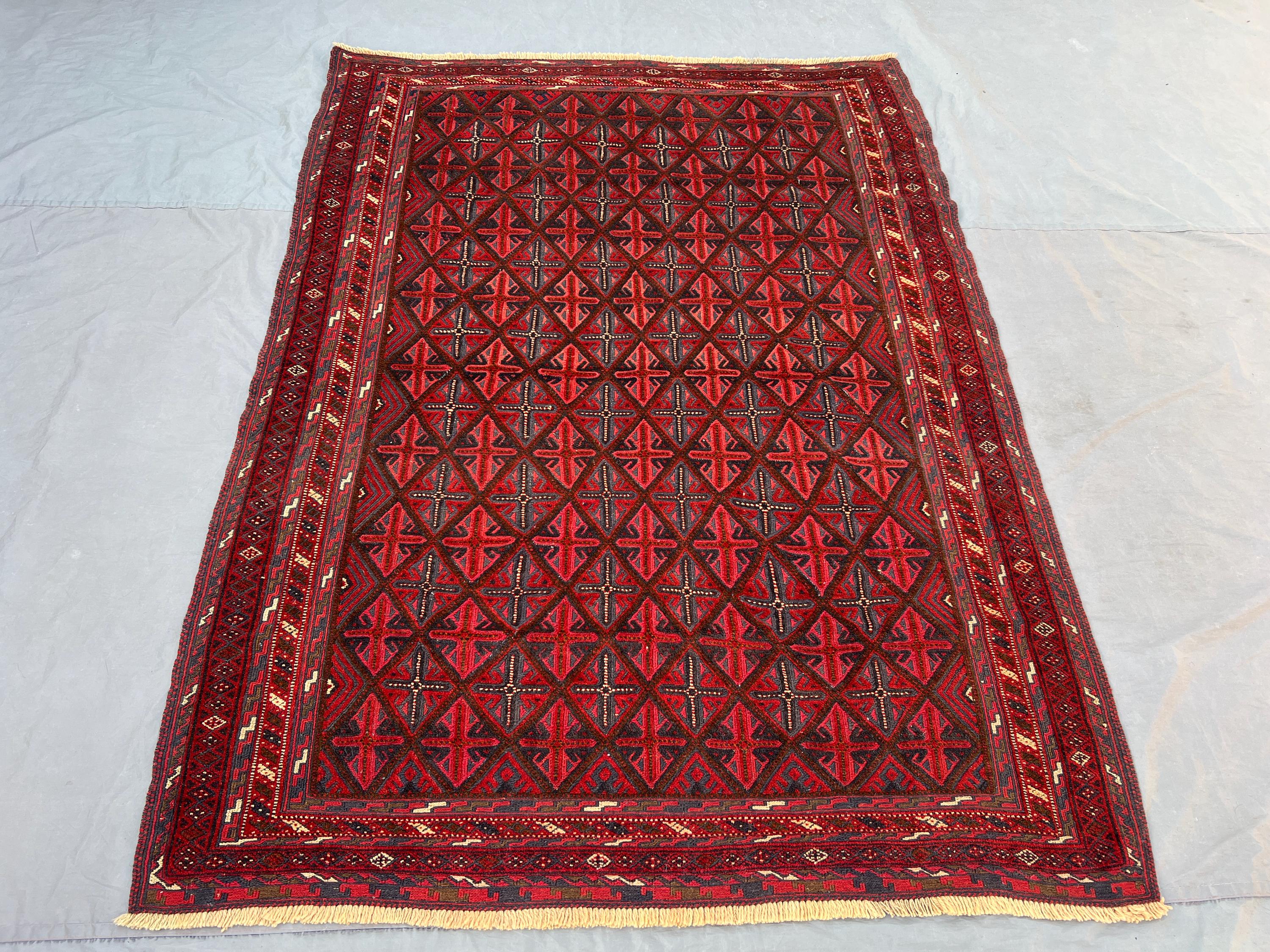 4'11x6'7 ft Vintage Afghan Rug, Handwoven Wool Pile, Geometric Cross Design, Rich Red and Brown, Handknotted, Ideal for Living Room, Bedroom