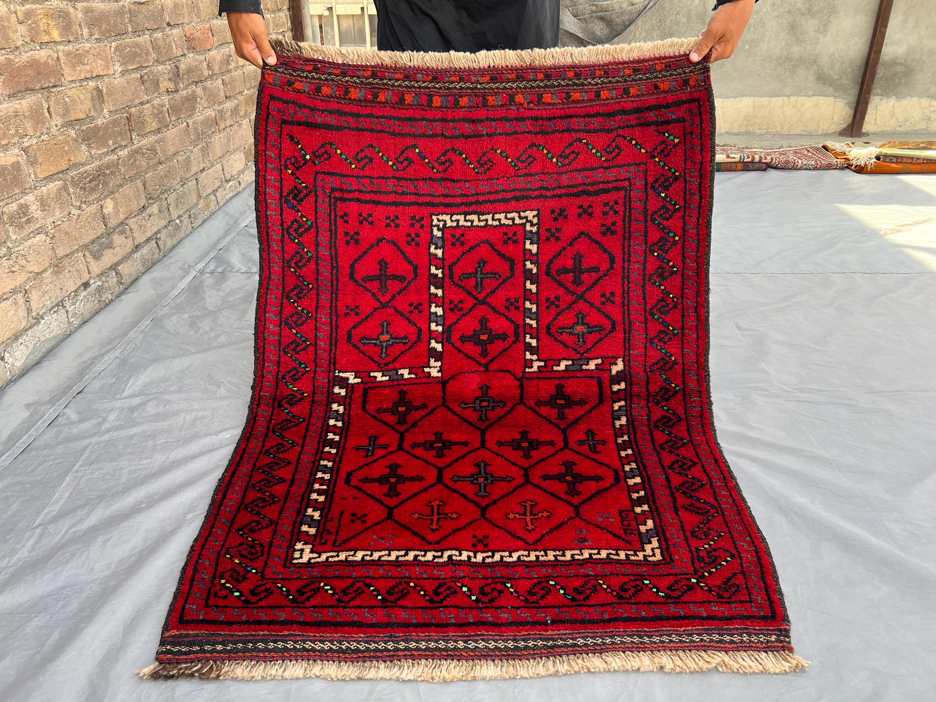 2.10x3.10 ft Antique Baluchi Prayer Rug | Afghan Hand Knotted Tribal Wool Mat | Red Mihrab Small Carpet | Vint