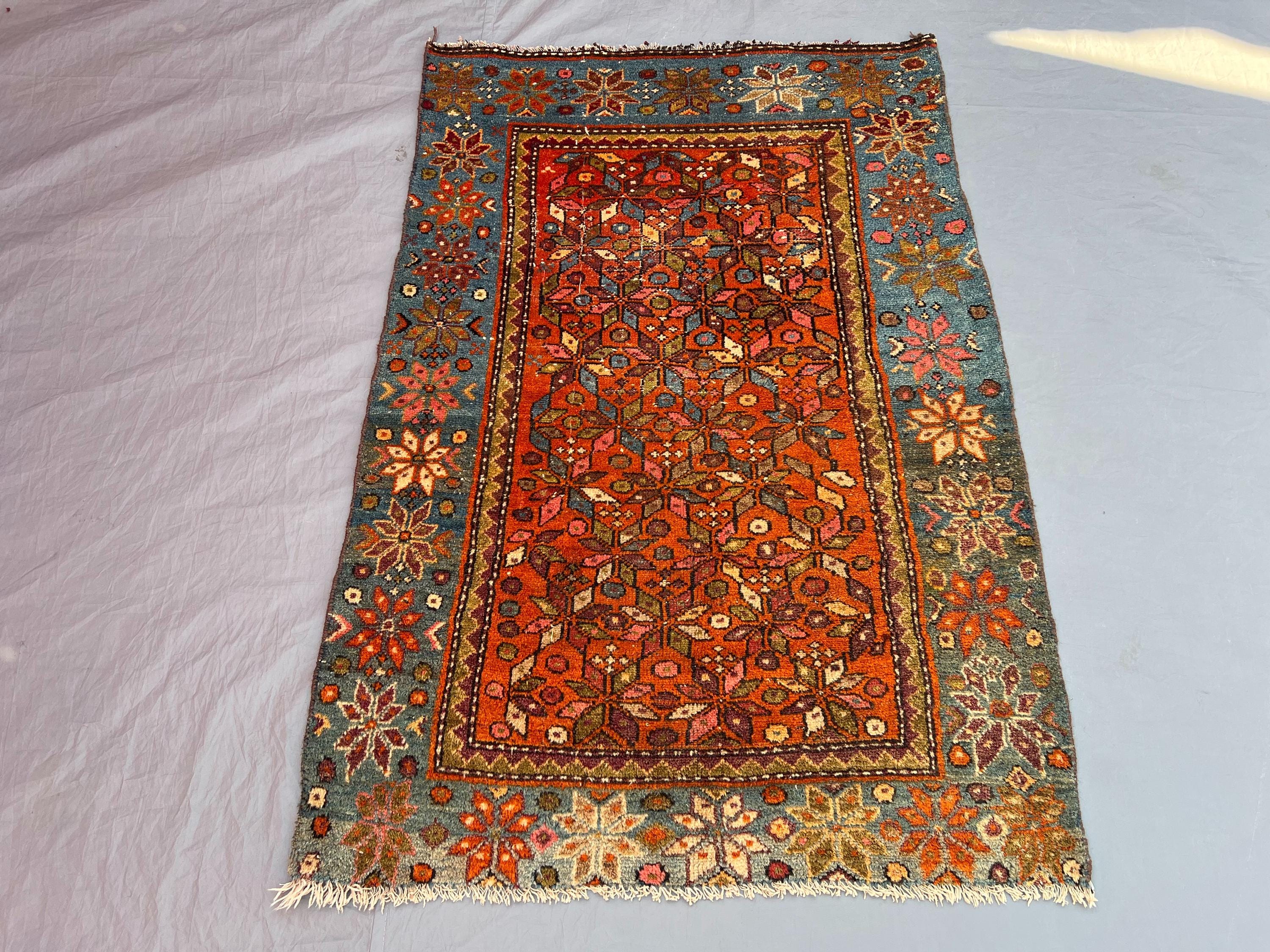 3x4'2 ft Antique Afghan Baluchi Hand-Knotted Rug, Soft Pile, Floral Geometric Design, Red & Blue, Living Room,