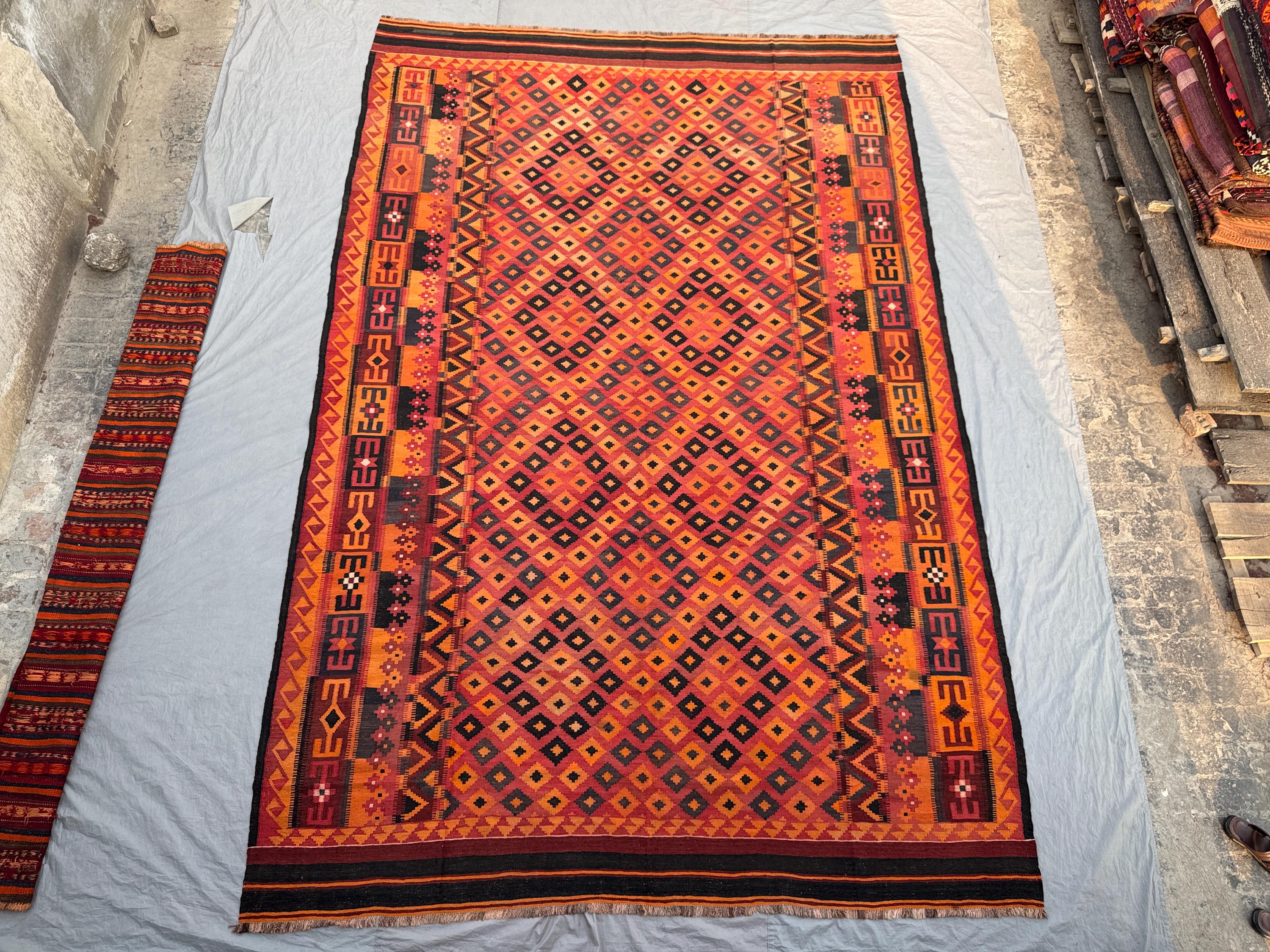 9'9 x 14'10 ft Antique Afghan Baluchi Kilim Flat Weave Large Area Rug Geometric Tribal Wool Living Room Dining