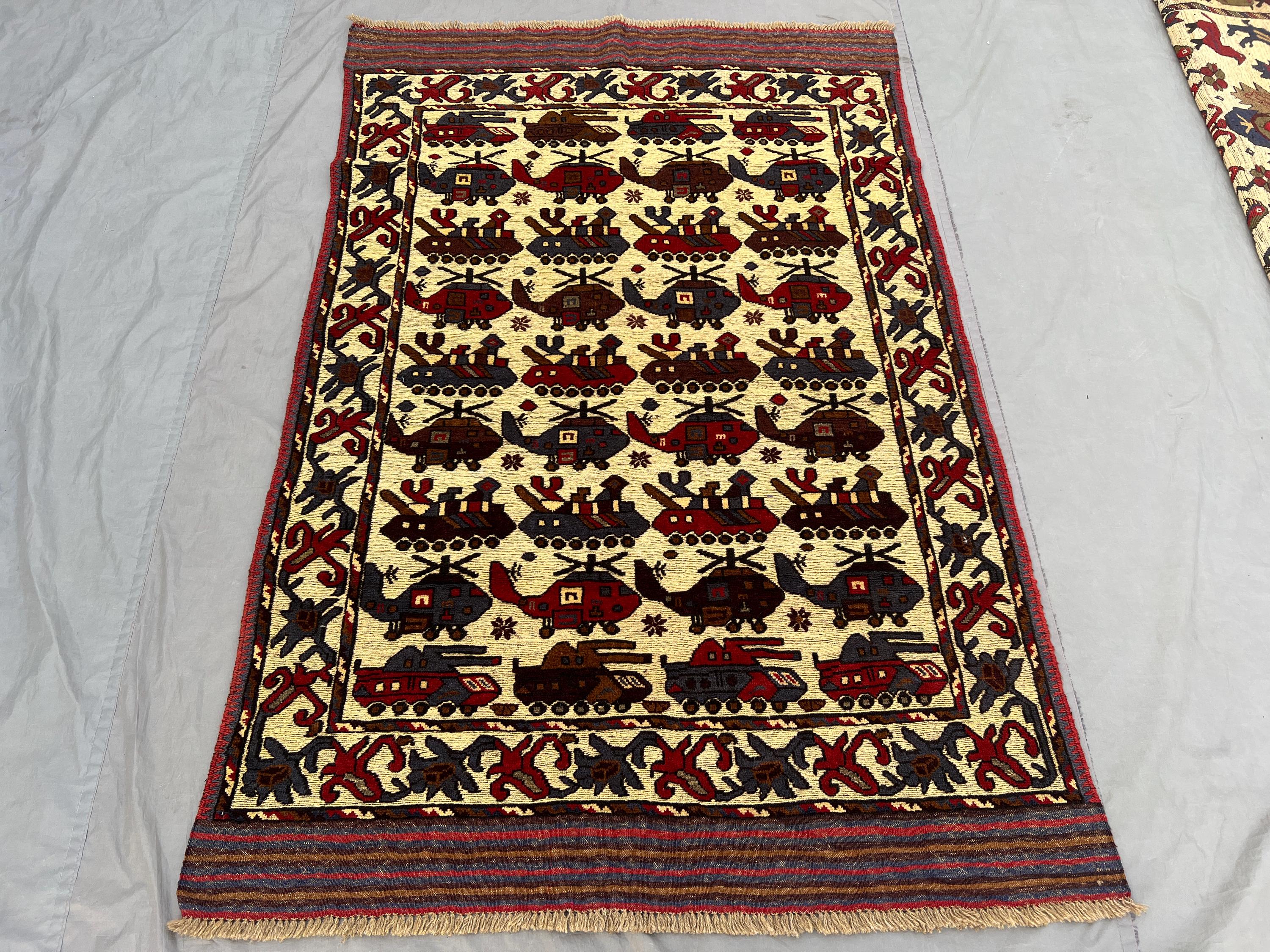 4'1 x 6'2 Ft Afghan Baluchi Vintage War Rug Hand Knotted Tribal Pictorial Soft Pile Area Rug Living Room Decor