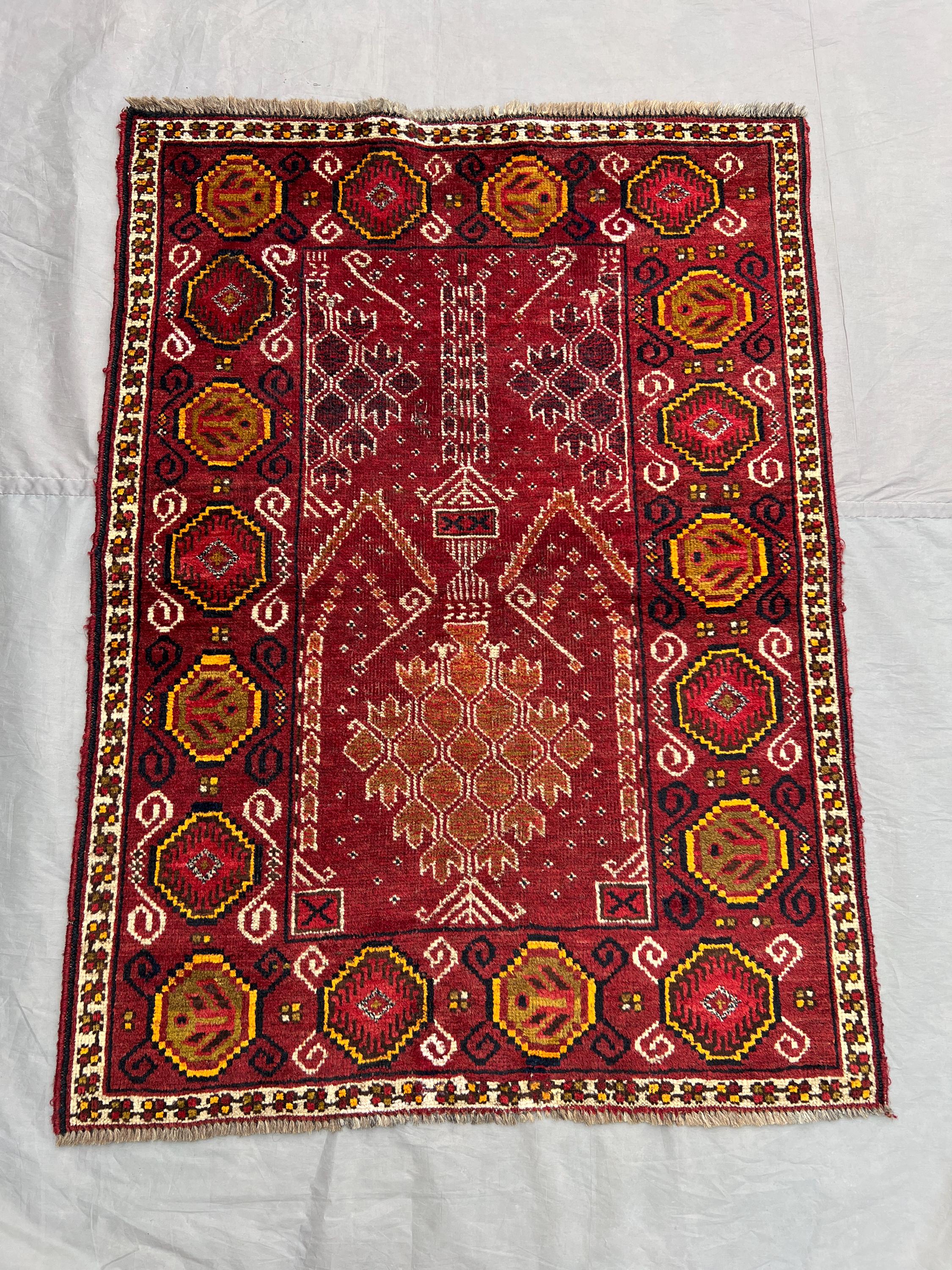 Antique Low Pile Rug 2.4x3.3 ft | Distressed Hand Knotted Floral Pot Design | Geometric Accent Tribal Decor | 