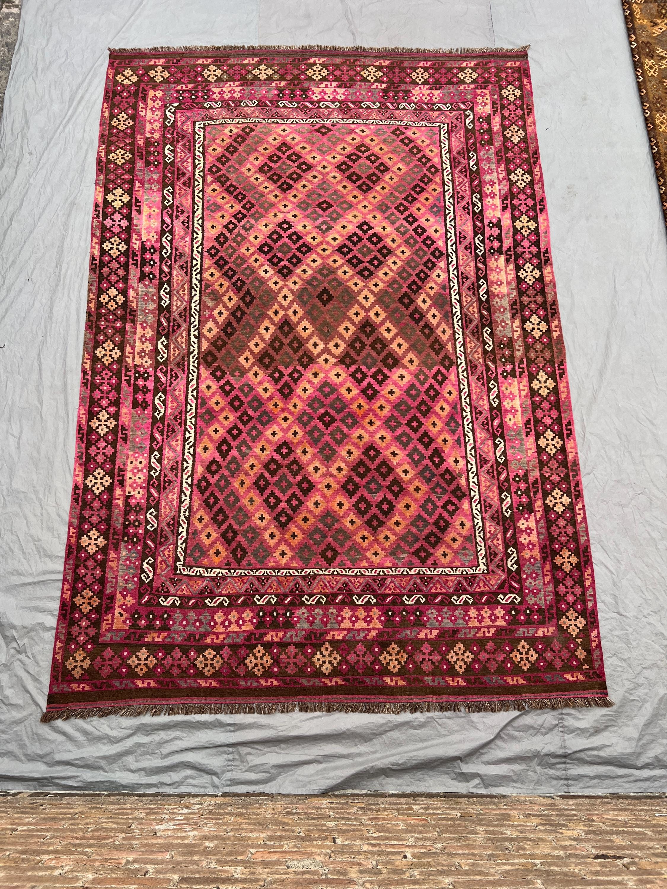 8x12 Afghan Handwoven Kilim Rug, Vintage Flat Weave Wool Carpet, Pink Oriental Geometric Tribal Area Rug, for