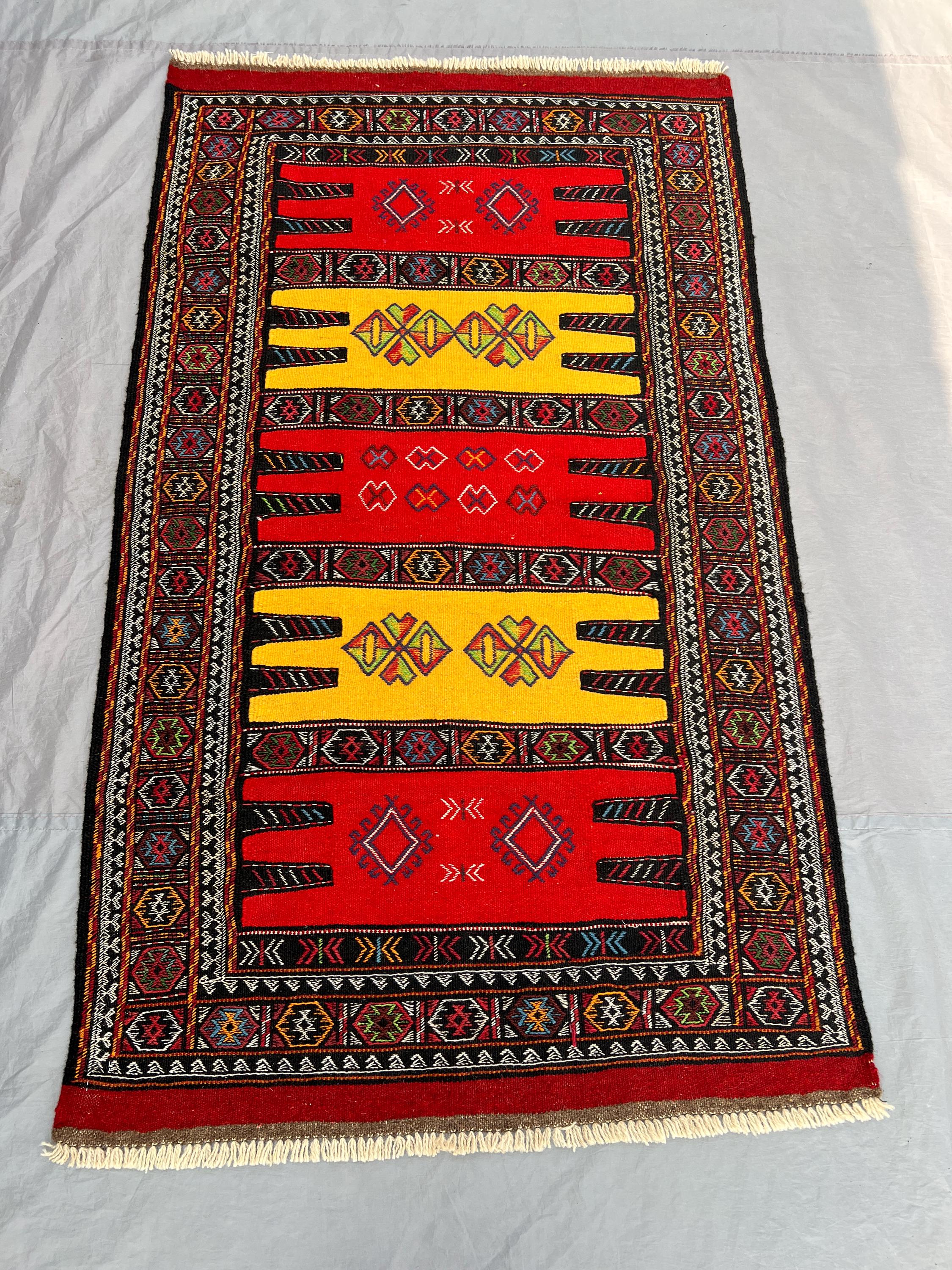 3'5x5'10 ft Antique Afghan Baluchi Kilim Rug - Handwoven Flatweave, Bold Red & Yellow Design with Geometric Pa