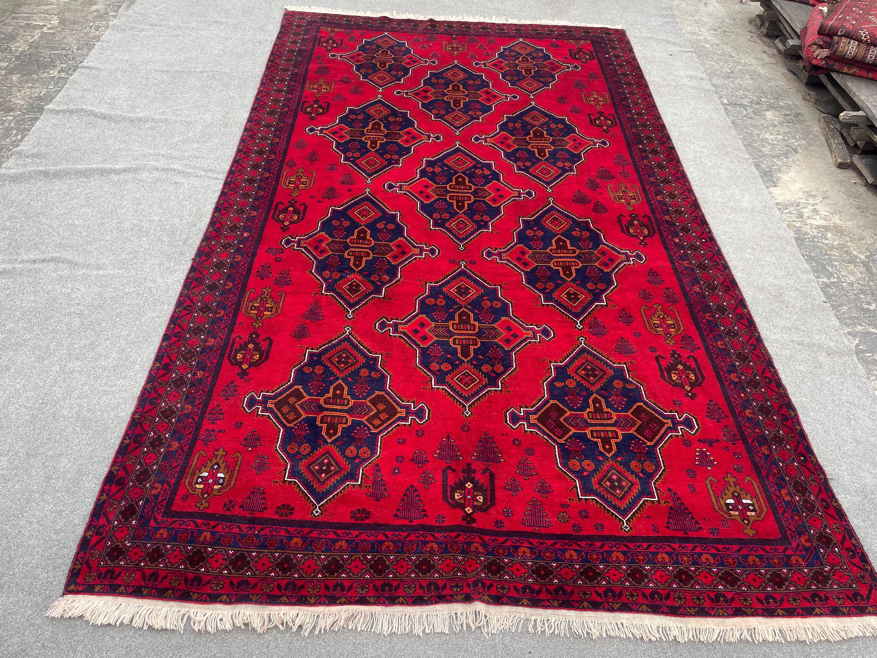 8x13 Vintage Afghan Baluch Tribal Rug | Hand-Knotted High Pile Turkmen Red Carpet | Geometric Pattern Large Ar