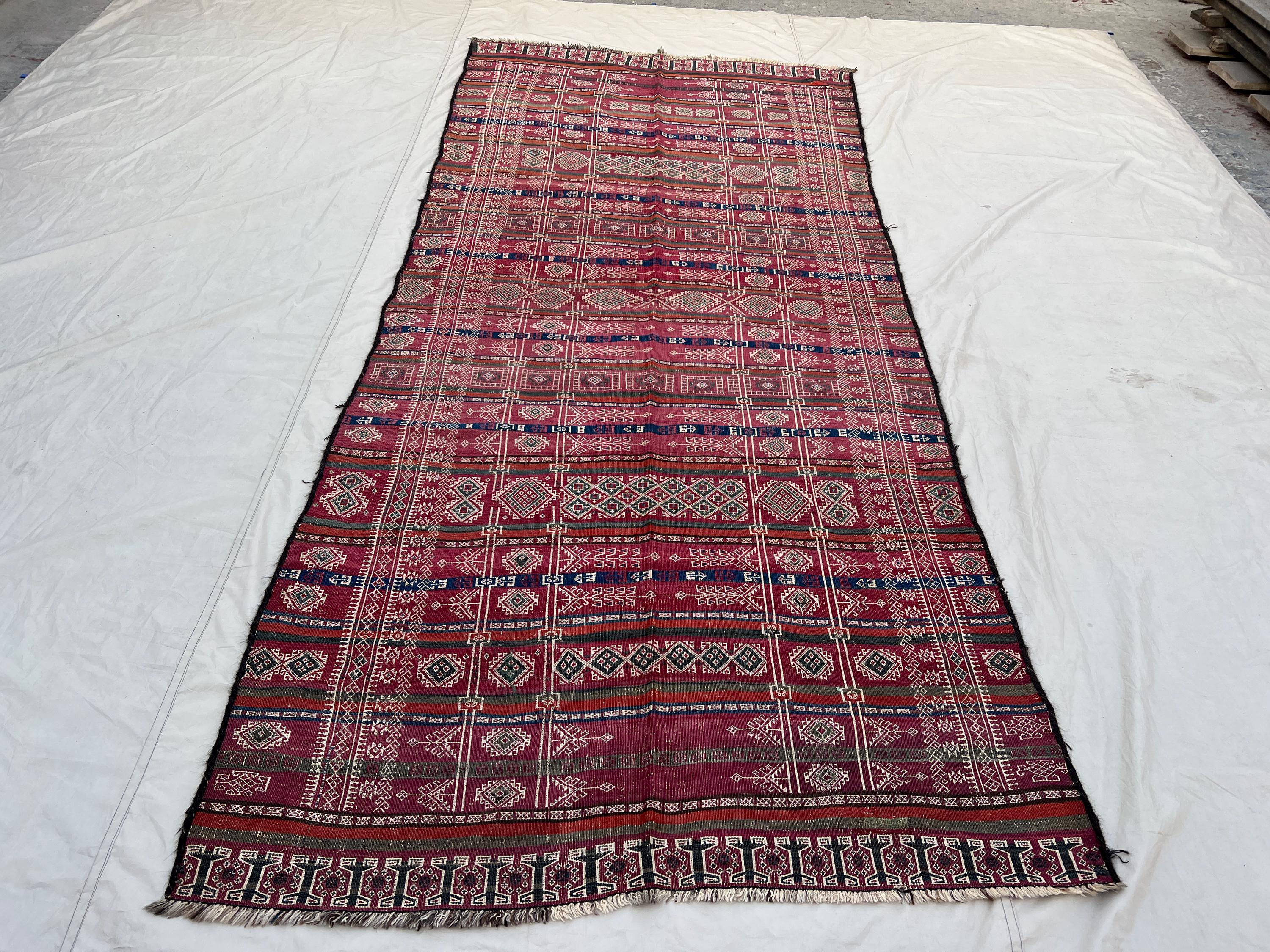 4'11x11'6 ft Vintage Afghan Tribal Kilim | All Over Geometric Diamond Grid Flat Weave | Deep Red Navy Ivory | Boho Hall Runner Kilim