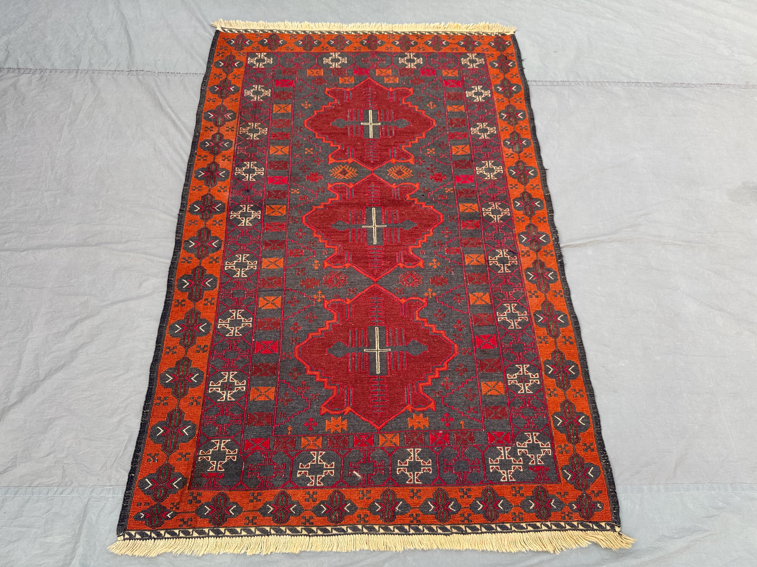 Red 3'11 x 5'11 ft Antique Afghan Baluchi Kilim Area Rug Flat Weave Wool Tribal Nomadic Geometric One Of A Kind Living Room Decor