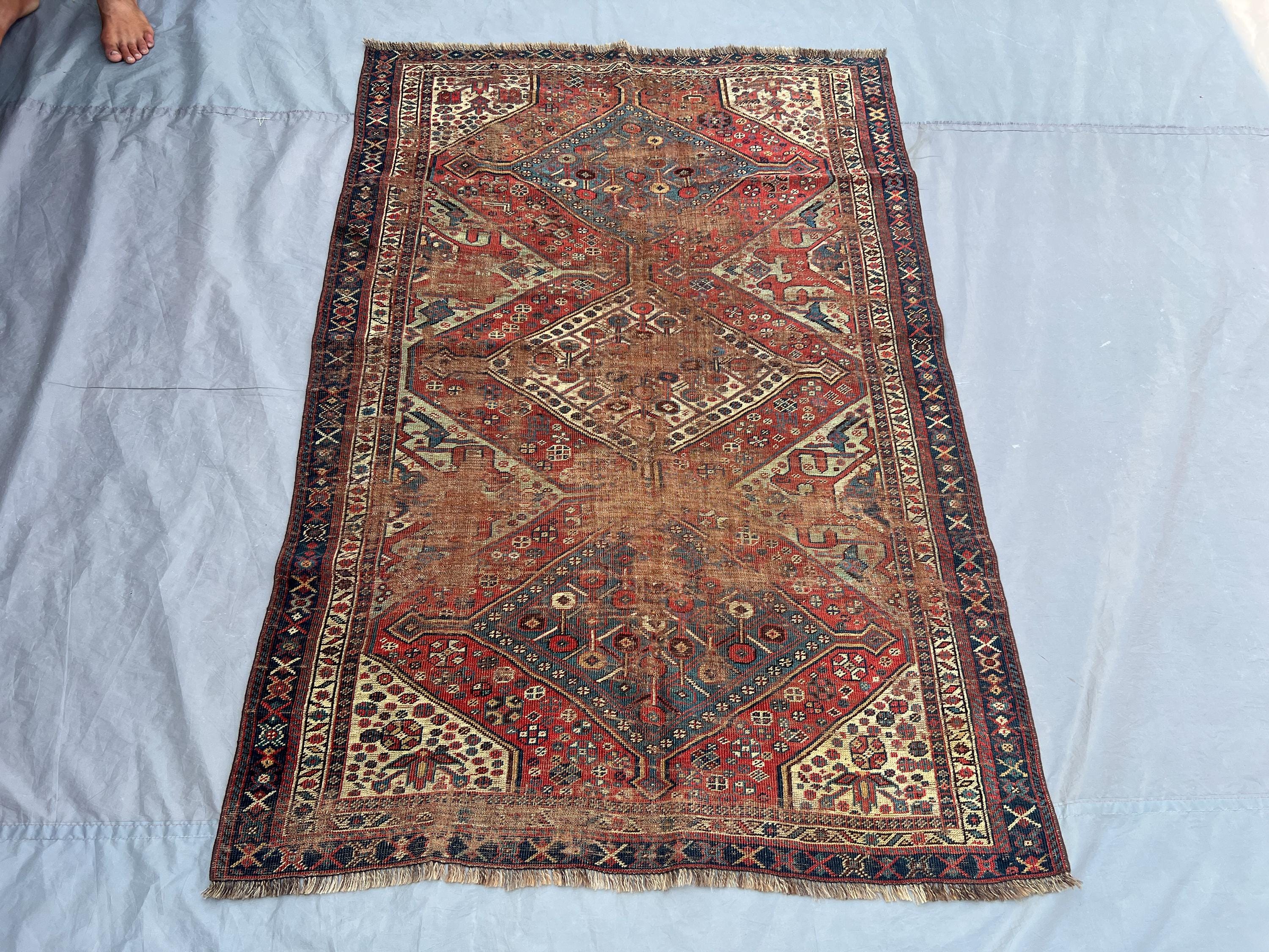 3'10 x 5'10 ft Semi Antique 1800s Caucasian Style Rug, Low Pile Distressed Tribal Carpet, Rare Vintage Collectible Oriental Area Rug