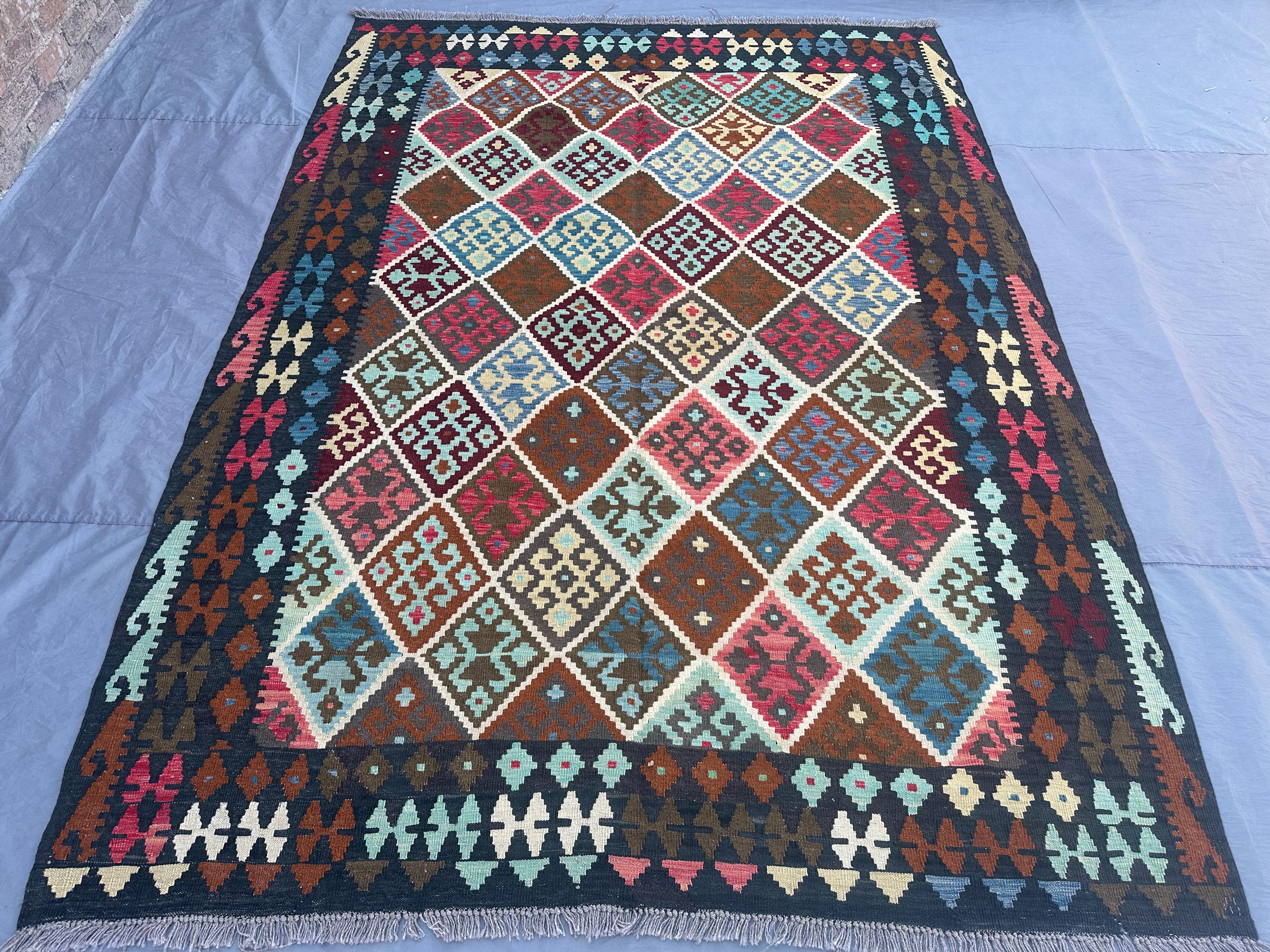 7x10 Afghan Kilim Rug | Handwoven Wool Flat Weave Carpet | Tribal Geometric Design | Multicolor Vintage Turkis