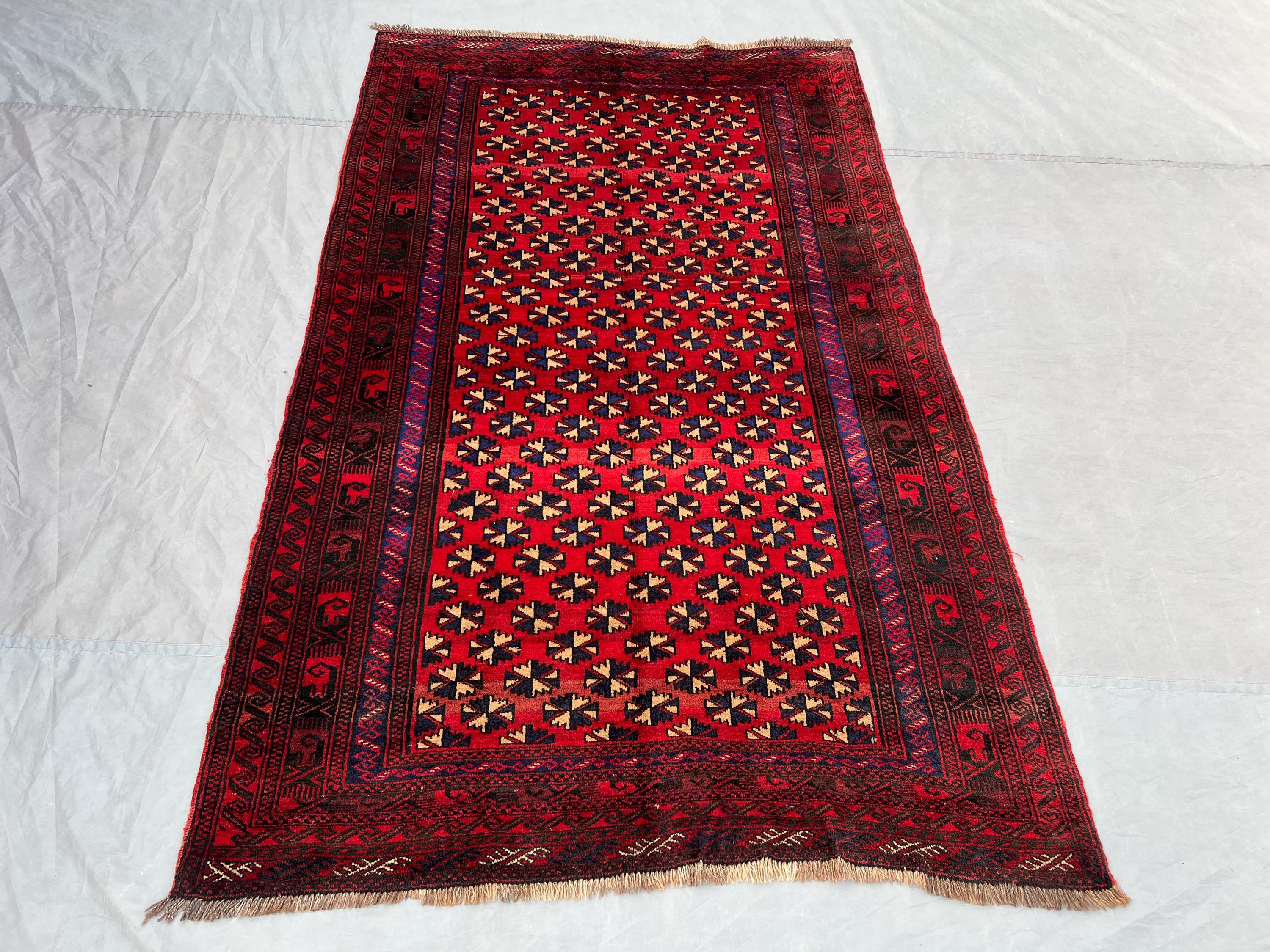 Vintage Afghan Baluchi Rug 5x7, Hand Knotted Red Navy Wool Area Rug, Tribal Geometric Carpet, Boho Living Room