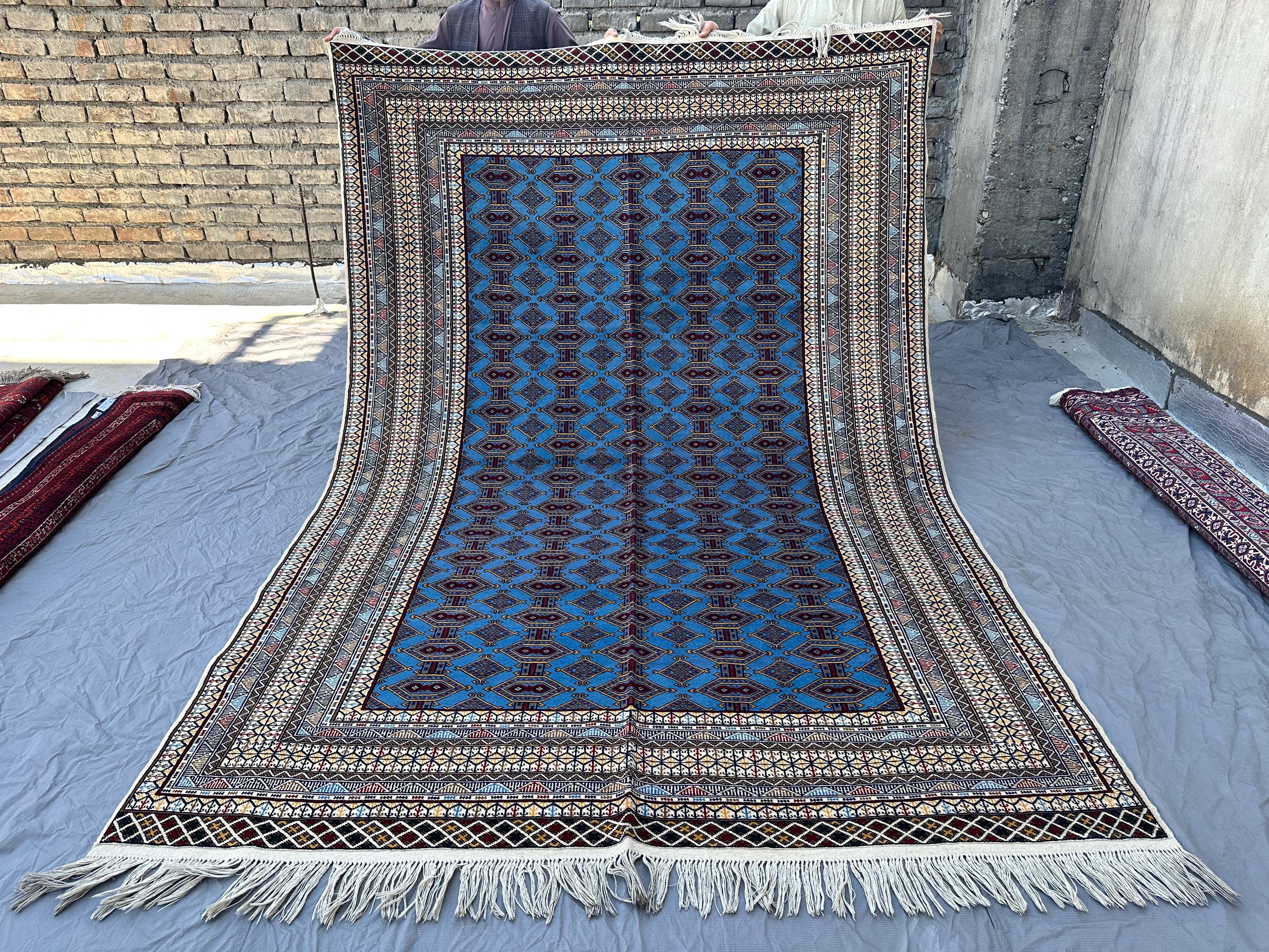 Sky Blue Afghan Herati Rug 9x6, Hand-Knotted Wool Carpet, Tribal Diamond Lattice Design, Vintage Living Room R