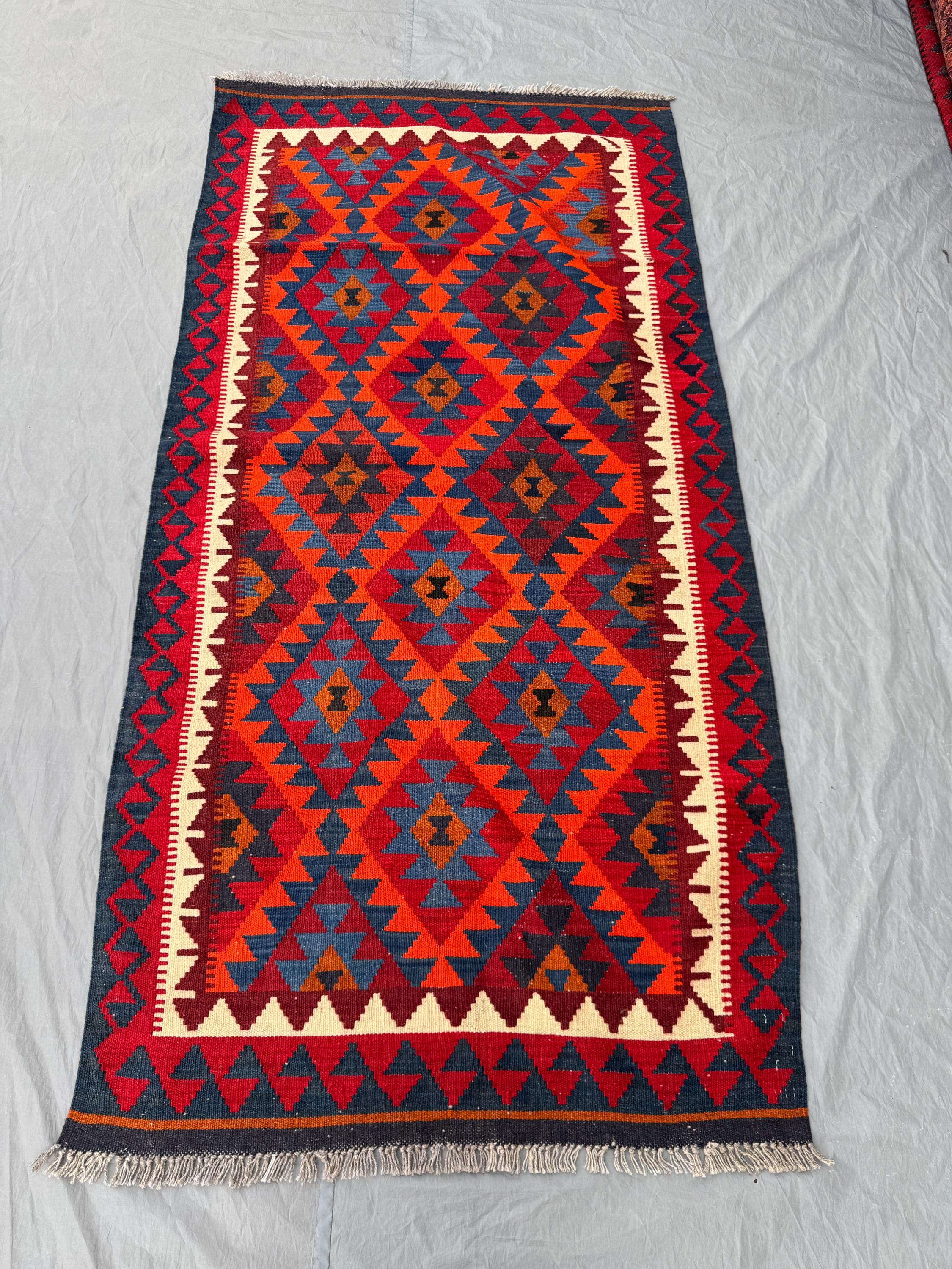 Afghan Hand-Woven Flat Weave Kilim 3 x 7 ft One of a Kind Maimana Design Authentic Handmade Geometric Pattern Wool Rug | Bedroom decor rug