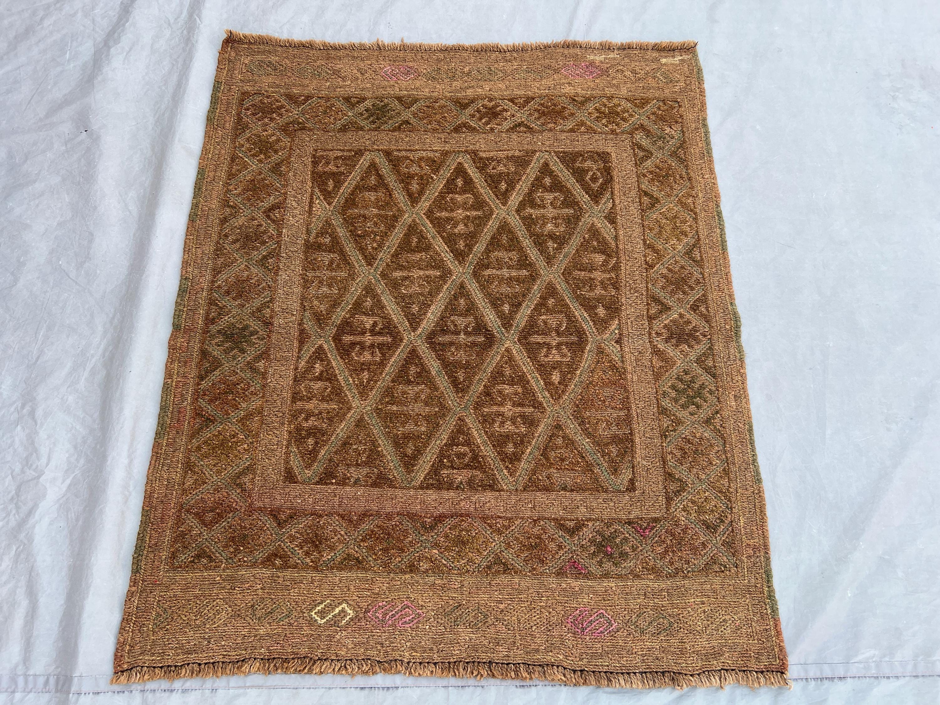 Terracotta 3'4x4 Ft Vintage Afghan Baluchi Handnotted Rug, Soft Pile Tribal Geomatric Design, Wool Rug for Living Room, Bedroom, Entryway