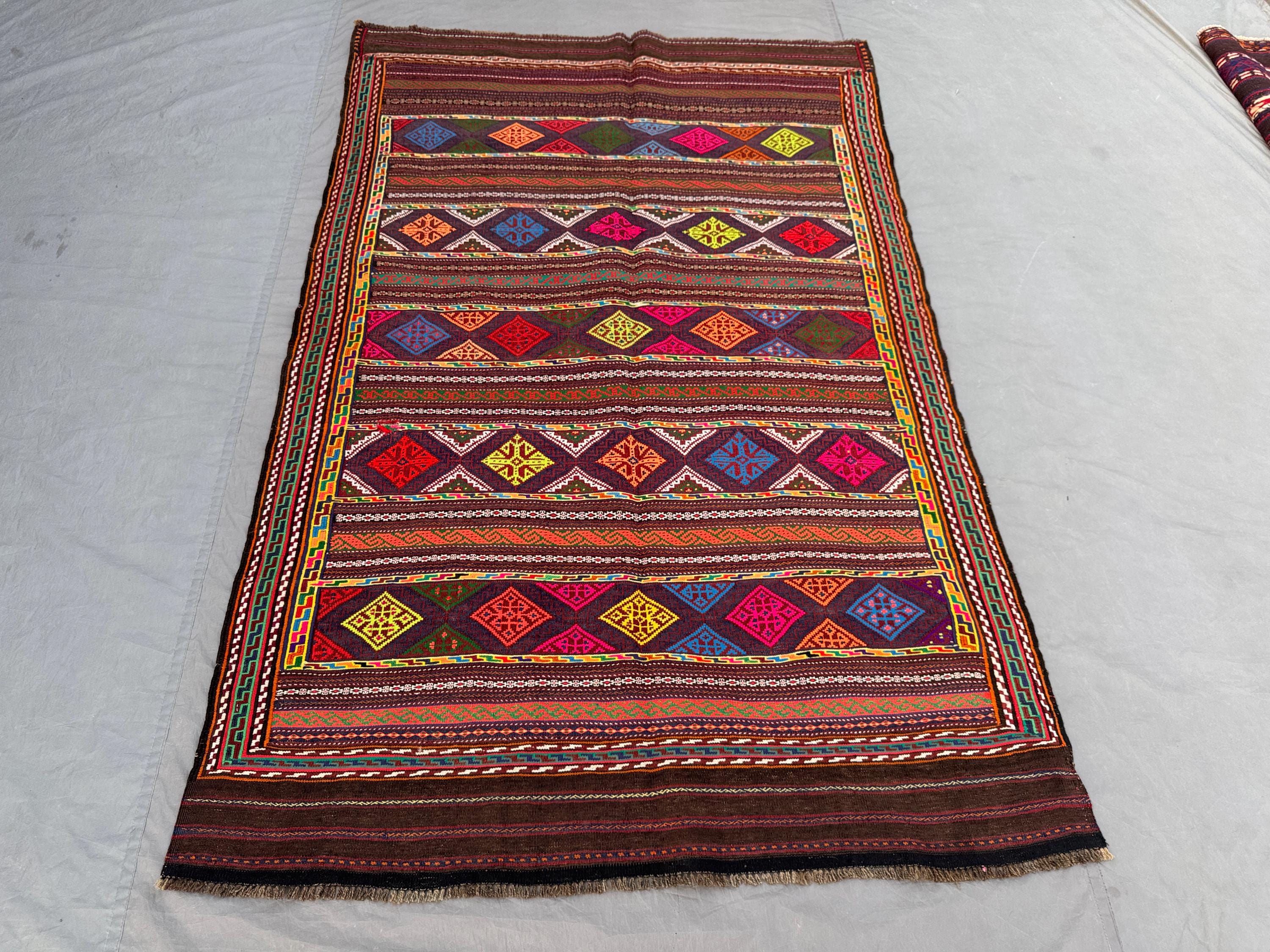 Handwoven Afghan Vintage Kilim 5 x 8 ft – Unique Home Decor Traditional Sumak Design Boho Style Luxury Handwoven Area Rug