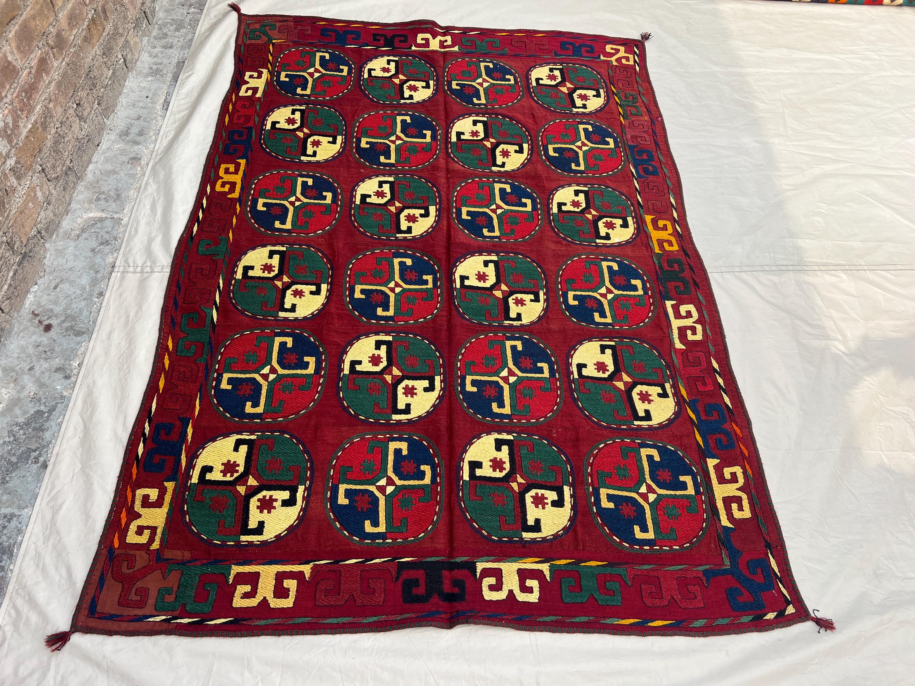 4'9x6'6 Vintage Afghan Suzani | Hand Embroidered Wool Textile | Deep Red Multicolor Oval Medallion Suzani Wall Hanging | Bohemian Wall Decor