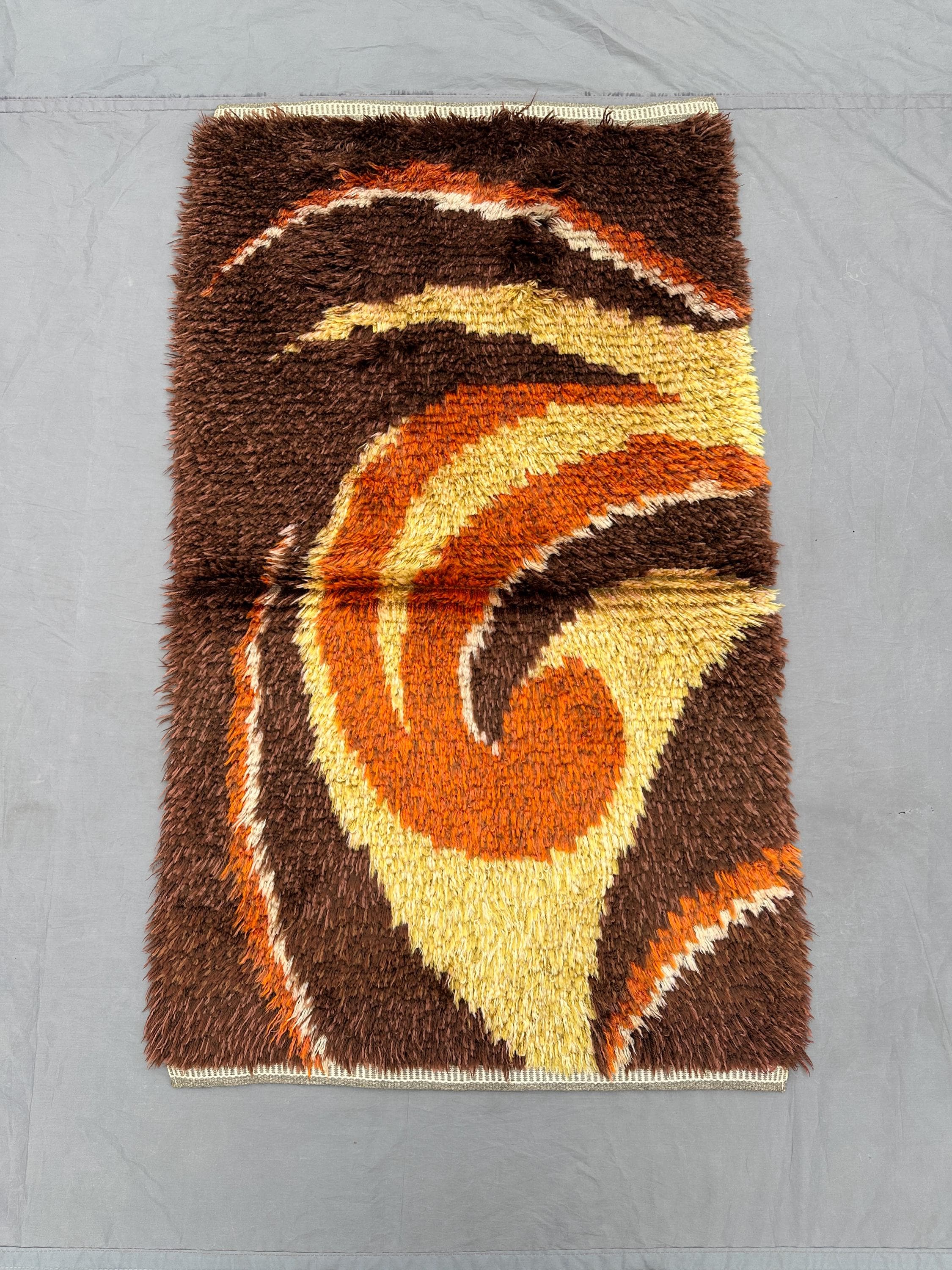 2'4x4'2 ft Moroccan Full Pile Rug | Handmade Retro Swirl Wool Carpet | Orange Shaggy Decor | Vintage Mid Century Boho Accent, bathroom rug