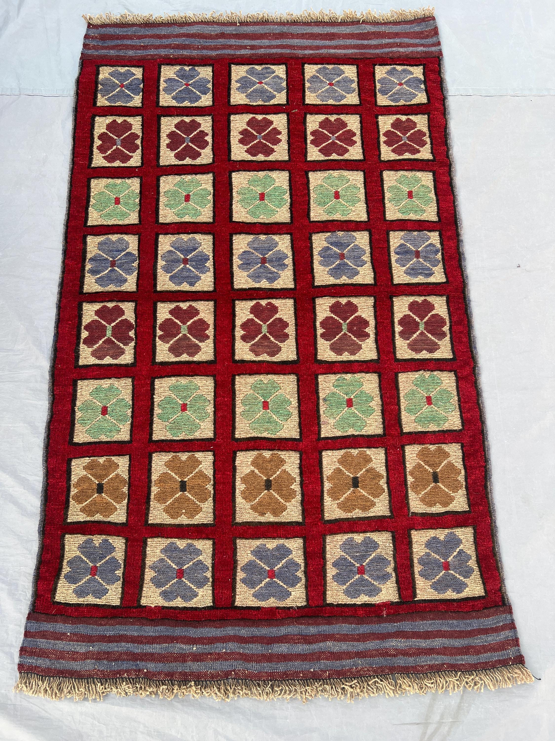 2'11x4'10 ft Vintage Afghan Rug, Handwoven Wool, Geometric Floral Design, Red Base with Multi-Colored Motifs, Handknotted,Living Room