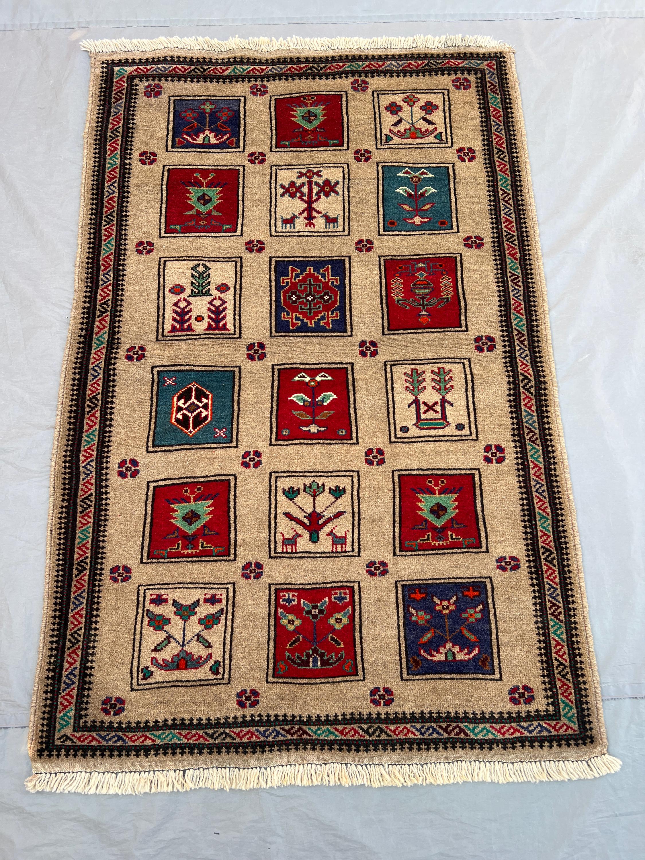 3'1x4'10 Ft Vintage Afghan Wool Pile Rug Hand-Knotted Garden Panel Tree Bird Motif Camel Red Teal Navy Accent Rug | Living Room Bedroom Boho