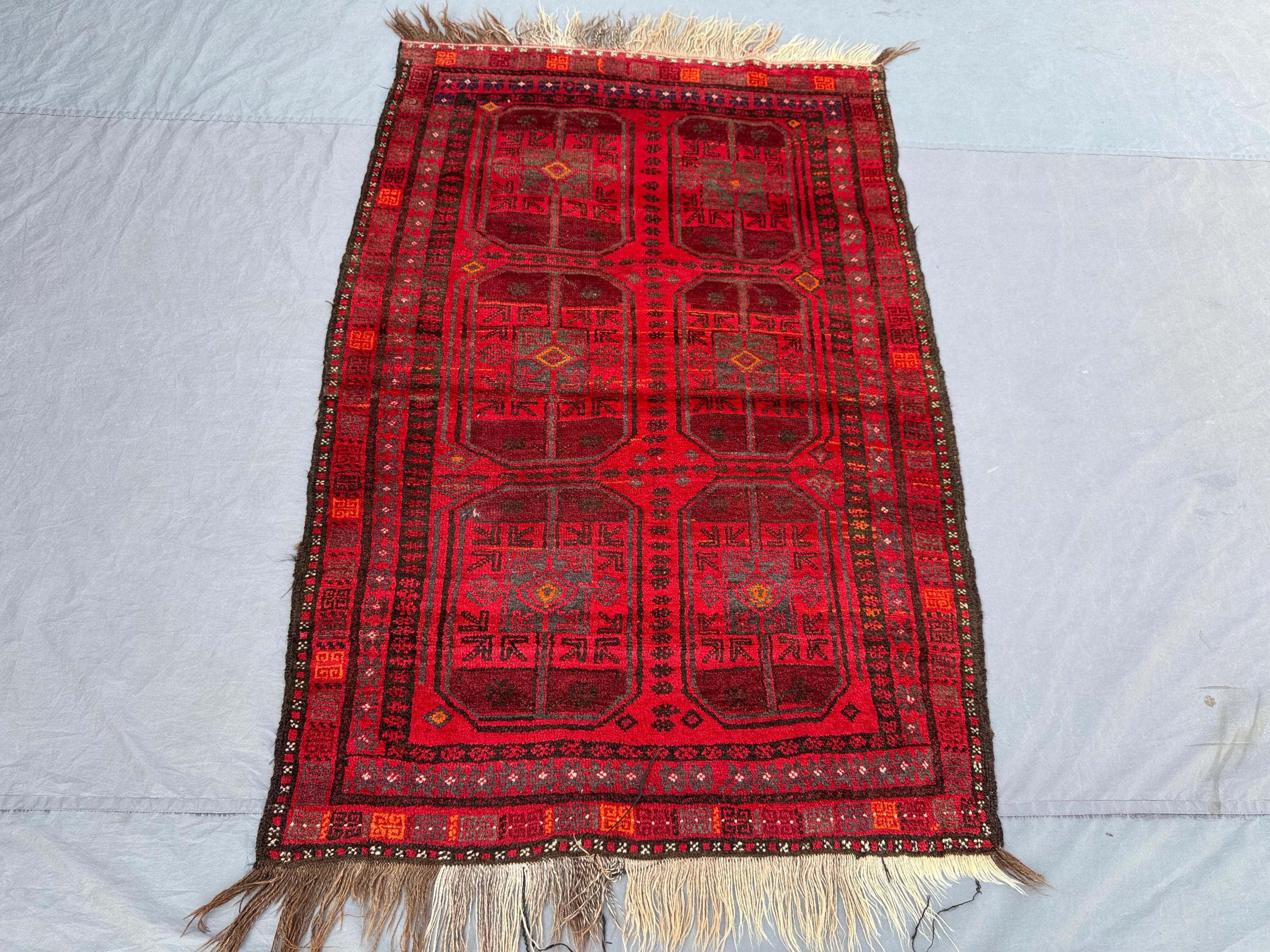 Red 3'9x6 ft Afghan Baluchi Vintage Hand-Knotted Wool Rug, Tribal Geometric Design, Luxury Area Rug for Living Room, Bedroom, Boho Decor