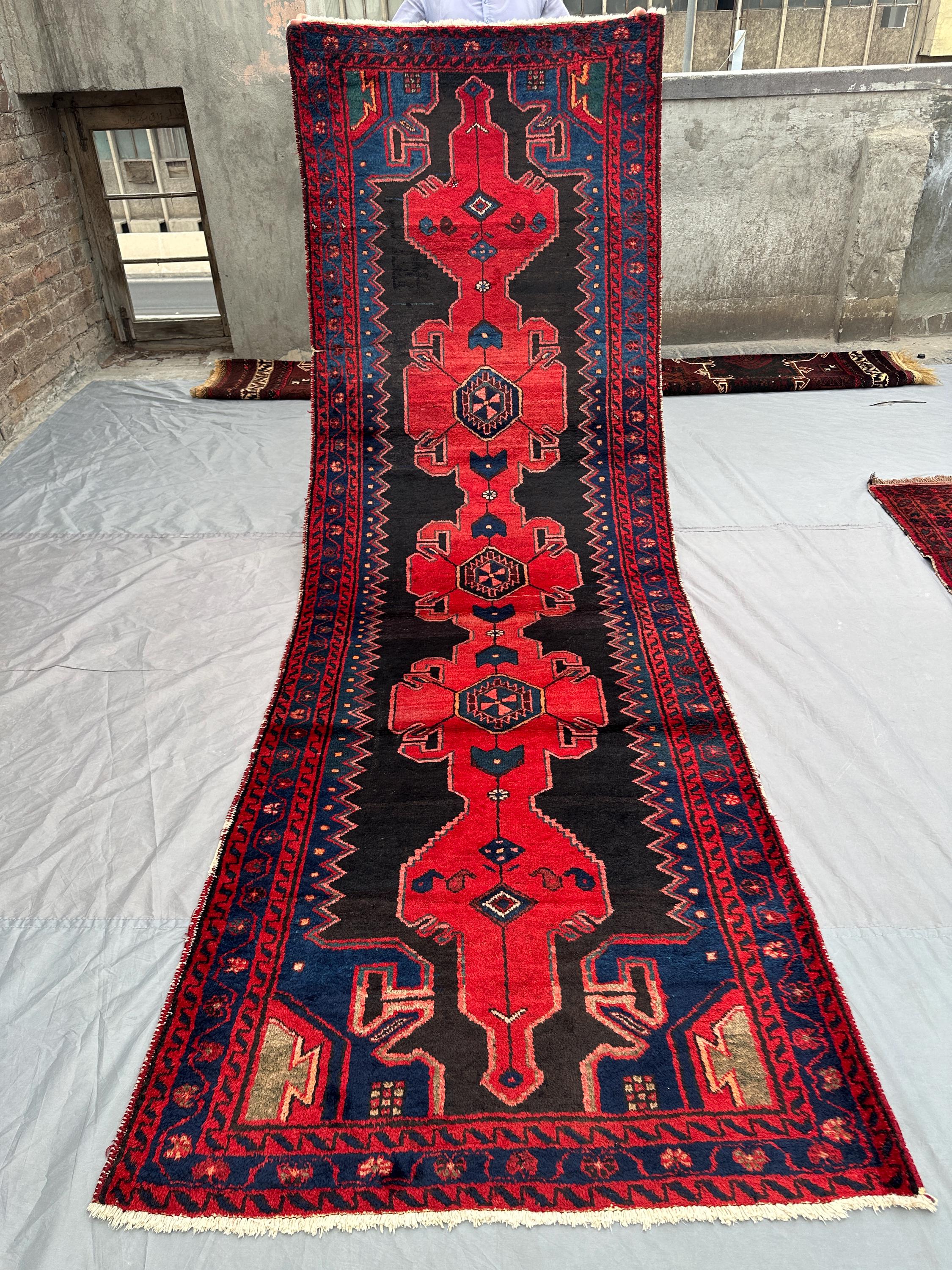 3'5 x 10'4 ft Antique Afghan Baluchi Runner Rug Hand Knotted Wool Tribal Oriental Carpet Rare Vintage Red Black Geometric Floor Rug Decor