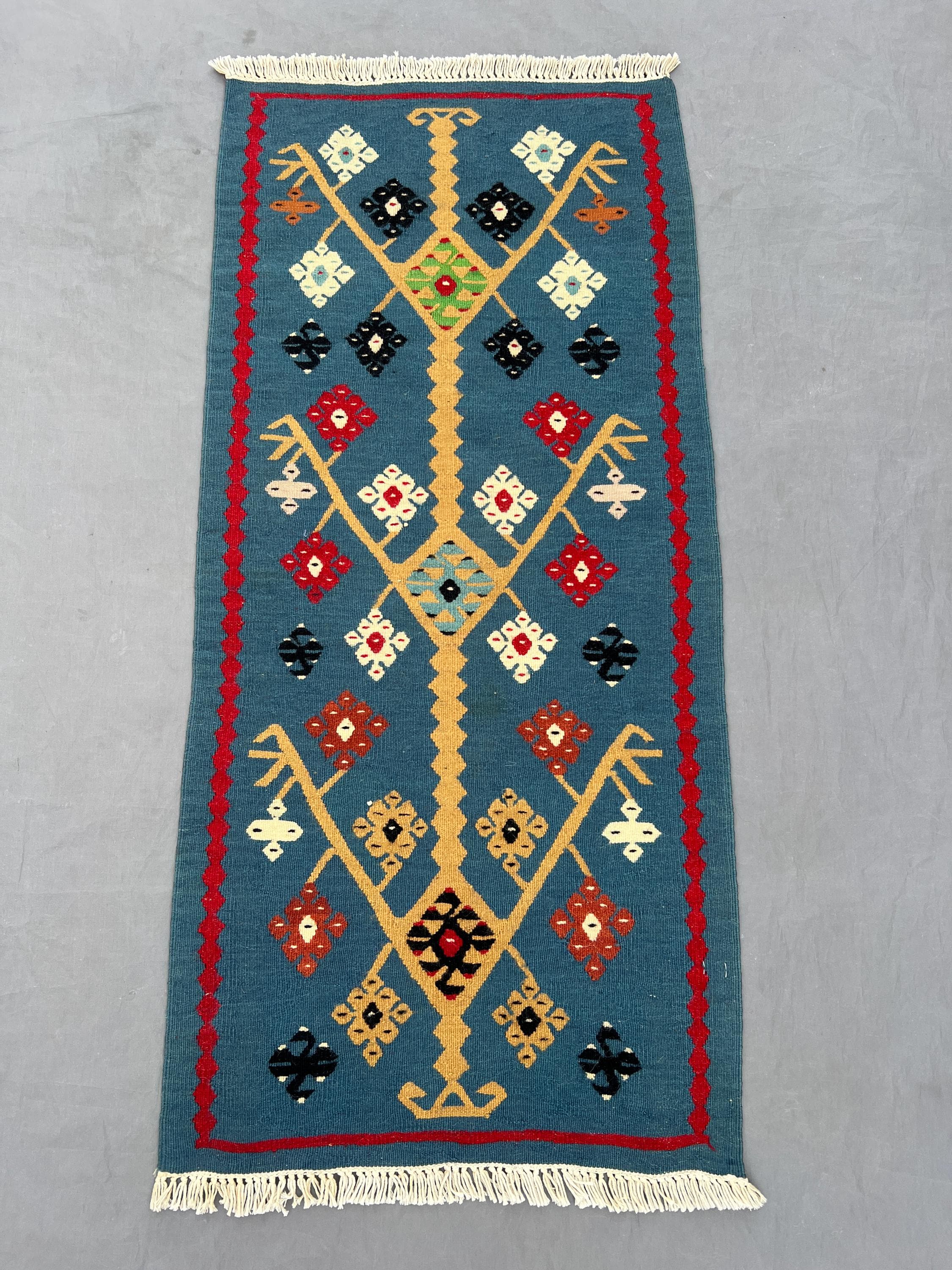 Afghan 1.9 x 3.4 ft hand woven vintage kilim one of a kind small area rug tribal geometric maimana design blue red cream accents
