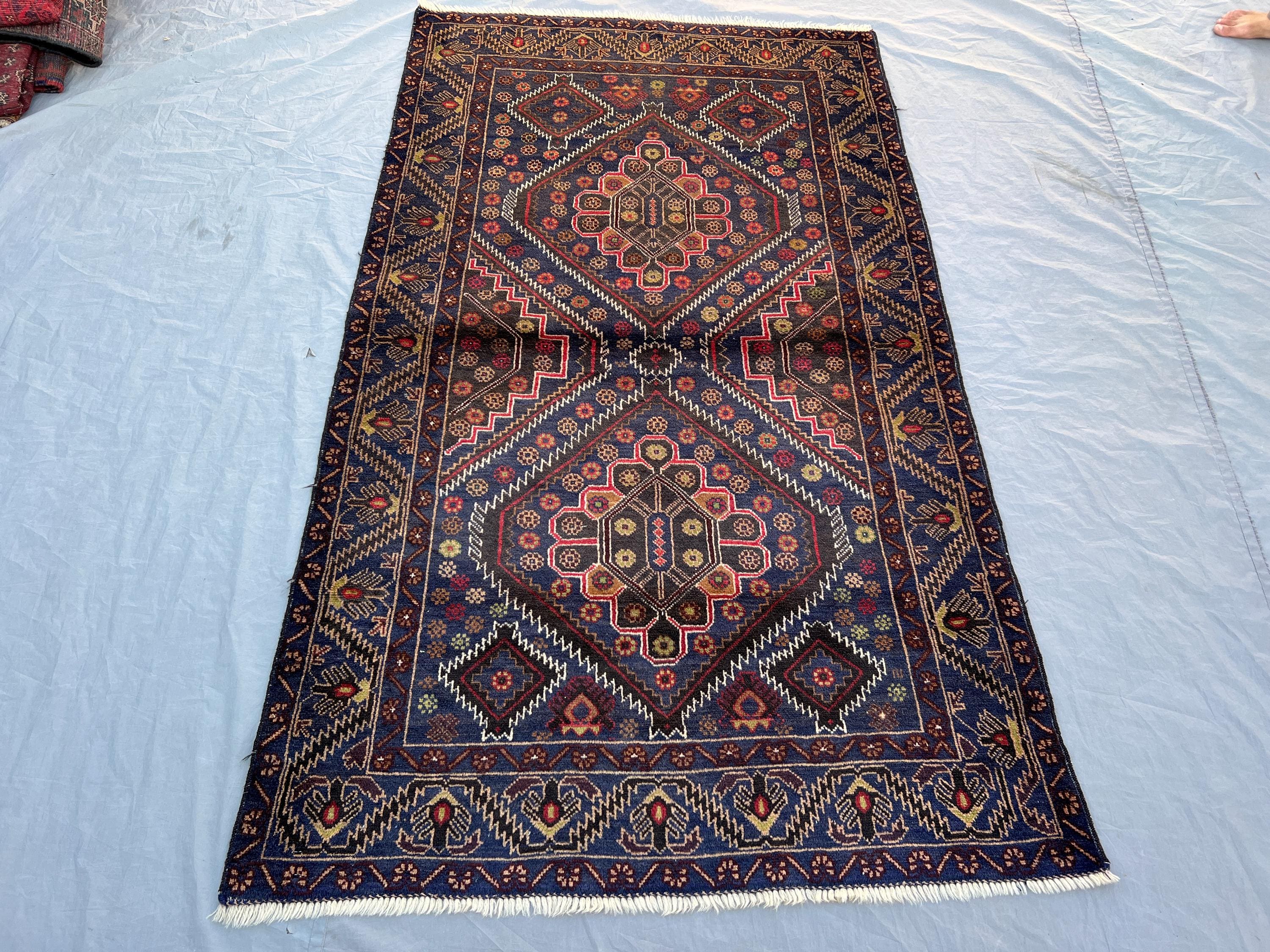 3'10x6'9 ft Vintage Afghan Baluchi Hand Knotted Wool Rug Navy Blue Double Diamond Floral Medallion Tribal Rug Living Room Bedroom