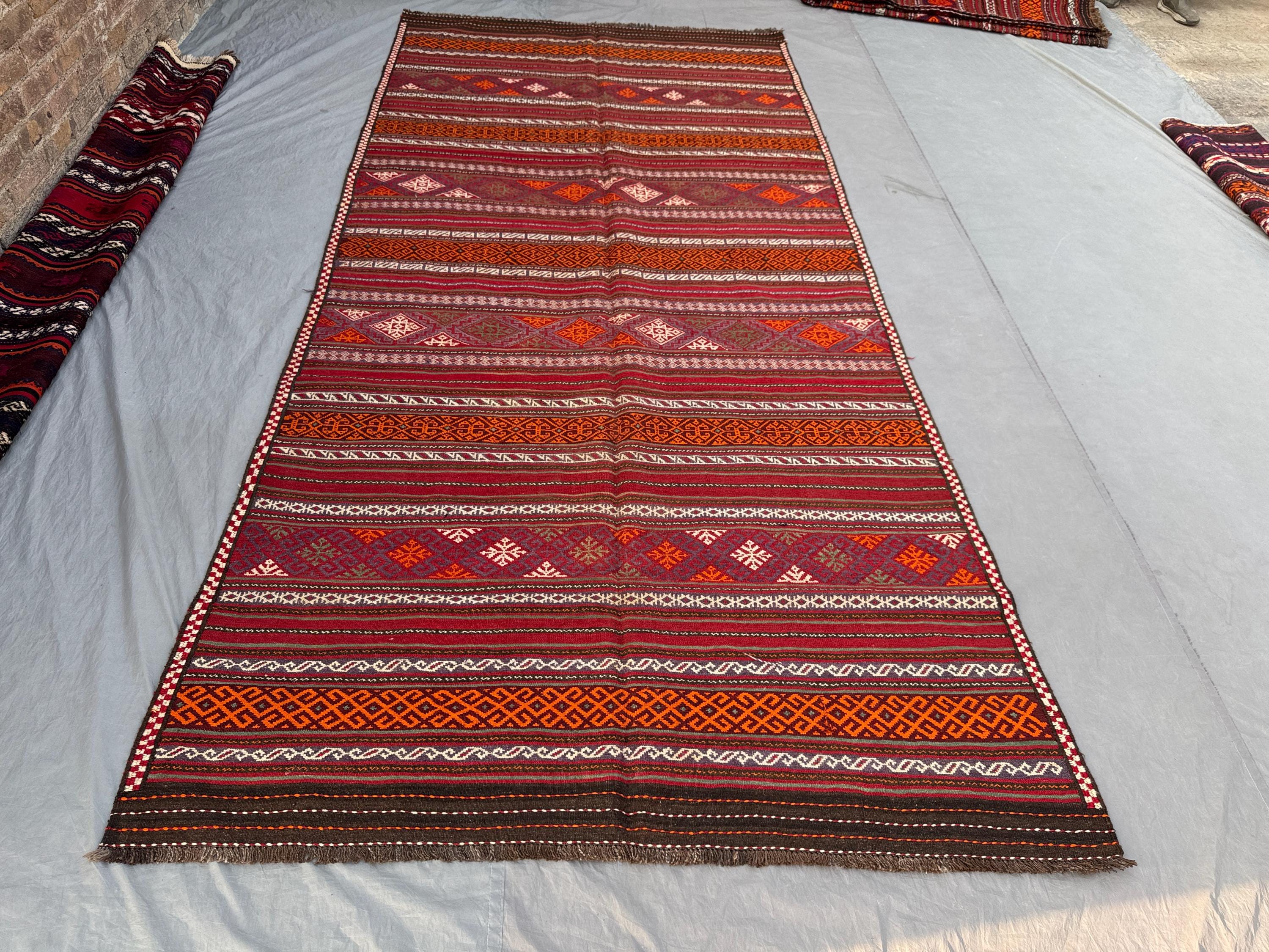 Afghan Hand-Woven Vintage Kilim Flat-Weave Sumak Design 6 x 12 ft One-of-a-Kind Large Area Rug for Boho Home Decor