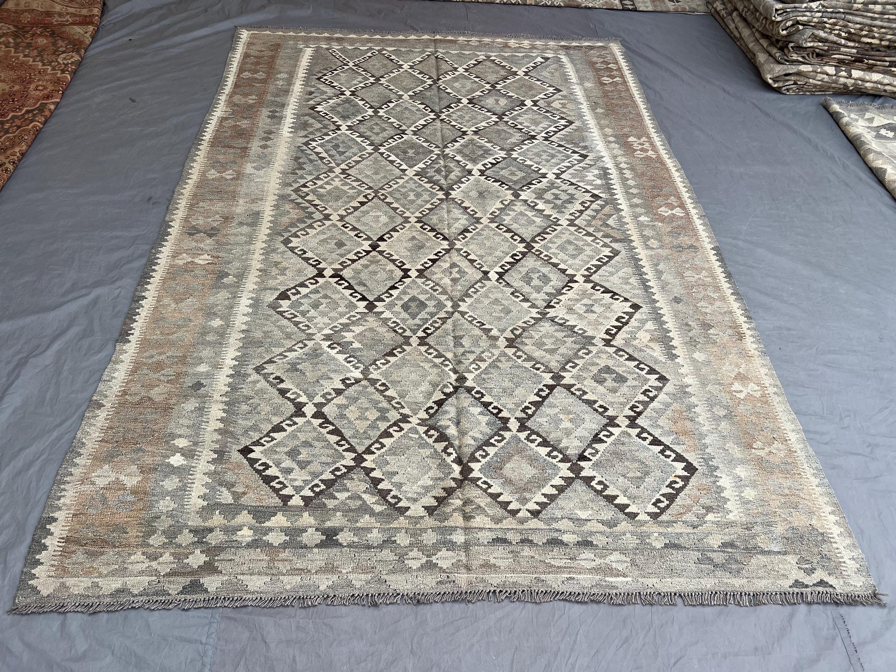 7 x 10 ft Afghan Hand-Woven Vintage Kilim One-of-a-Kind Maimana Design Large Area Rug Faded Gray & Beige | Living room or Bedroom decor rug