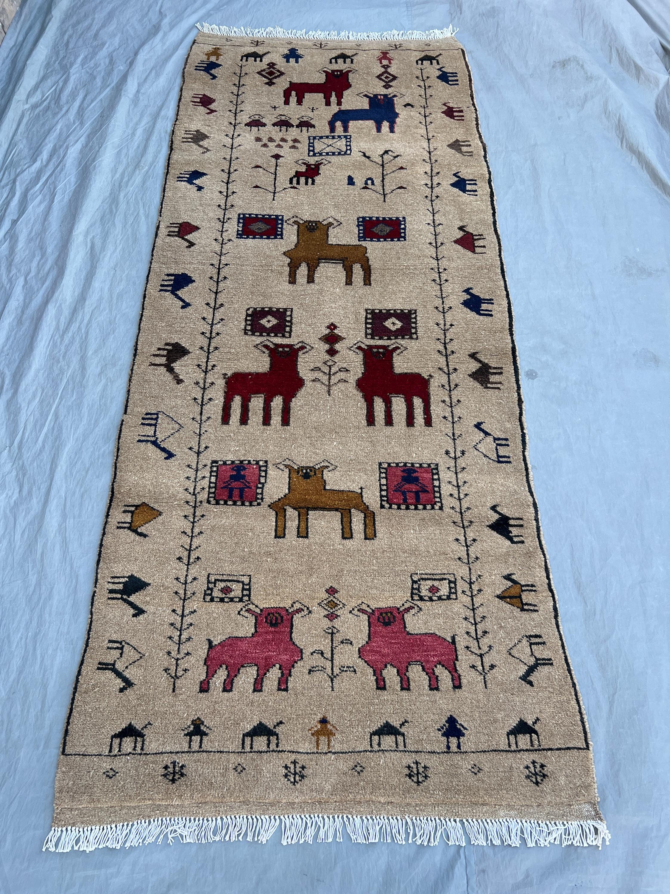 3’4 x 8 ft Vintage Afghan Hand Woven Kilim Flat Weave Runner Tribal Pictorial Animal Print Hallway Entryway Kitchen Runner Home Decor