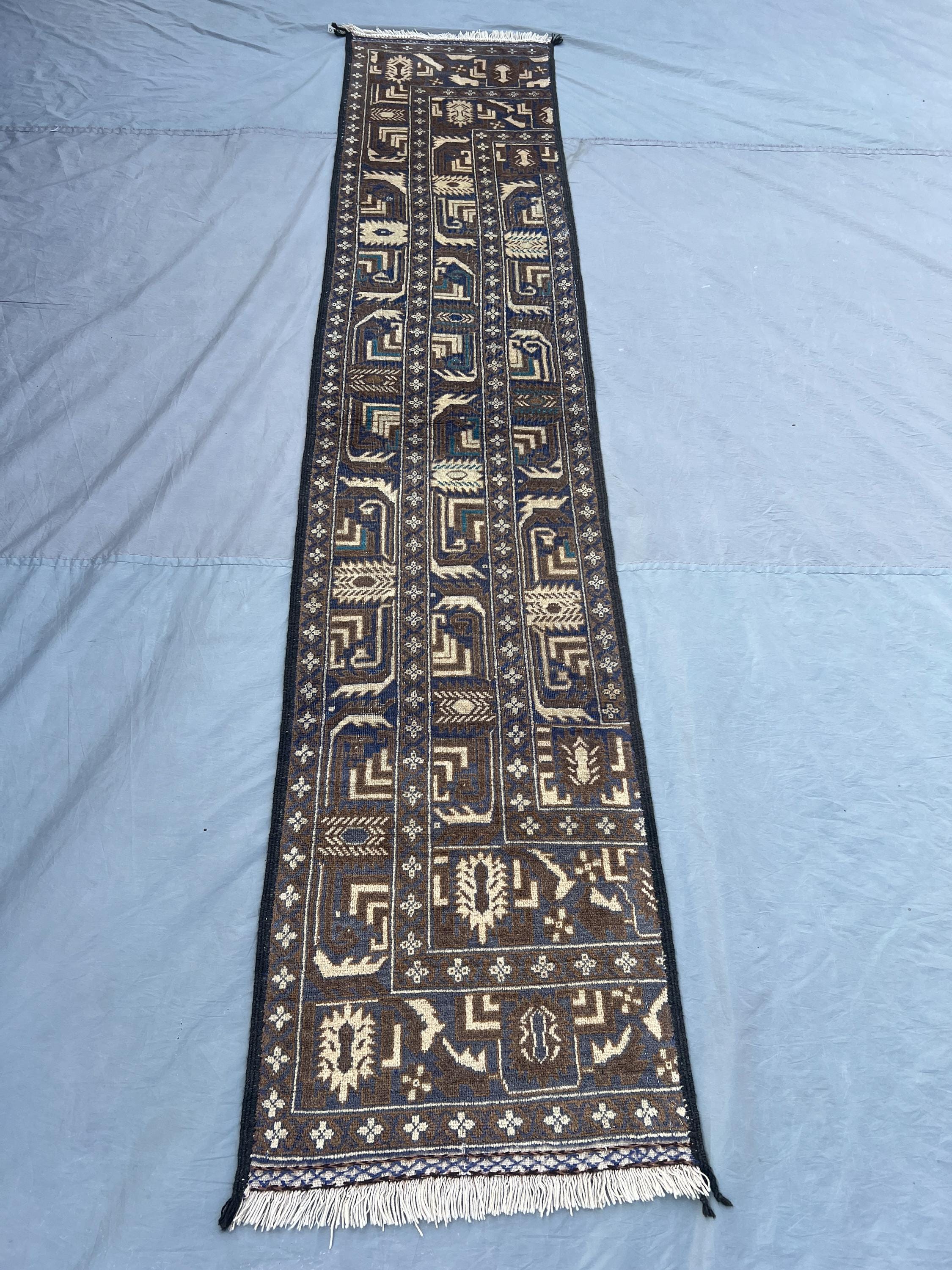 2 x 10 ft Afghan Hand Knotted Vintage Runner Rug Pictorial Baluchi Design, Rare Soft Pile One of a Kind Top Quality Rug | living room decor