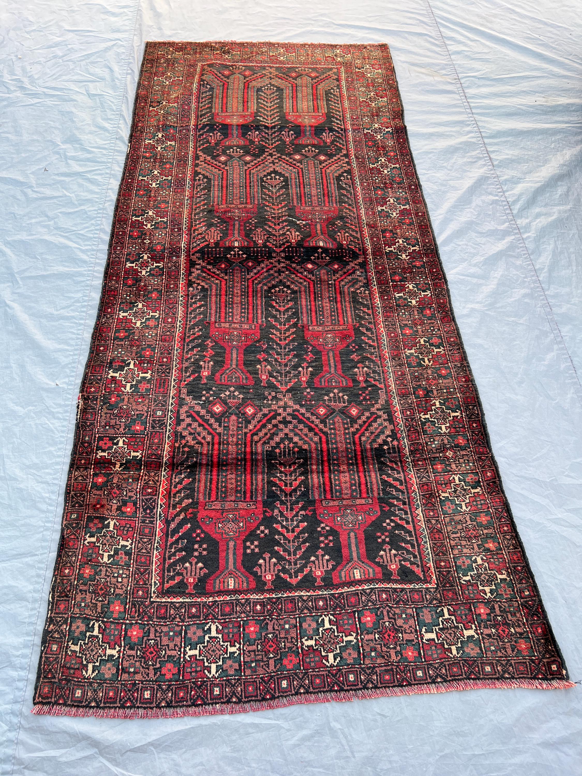 3'9x9 ft Vintage Afghan Baluchi Hand Knotted Wool Runner Rug Dark Charcoal Red Triple Arch Tree of Life Tribal Hallway Runner