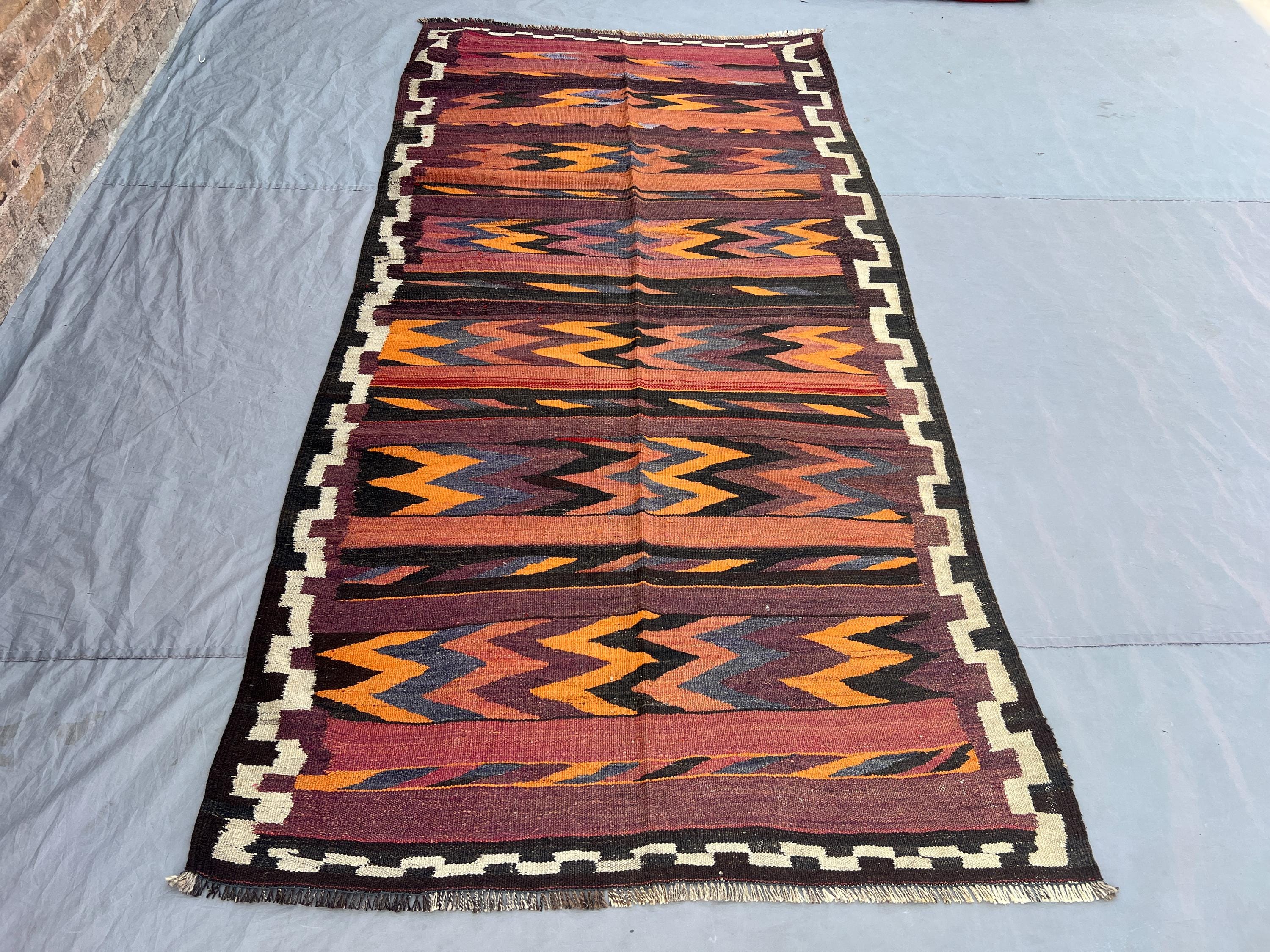 4'5x9'2 Ft Vintage Afghan Tribal Kilim Rug, Handwoven Zigzag Chevron Orange Purple Black Wool Flatweave | Living Room Boho Eclectic Decor