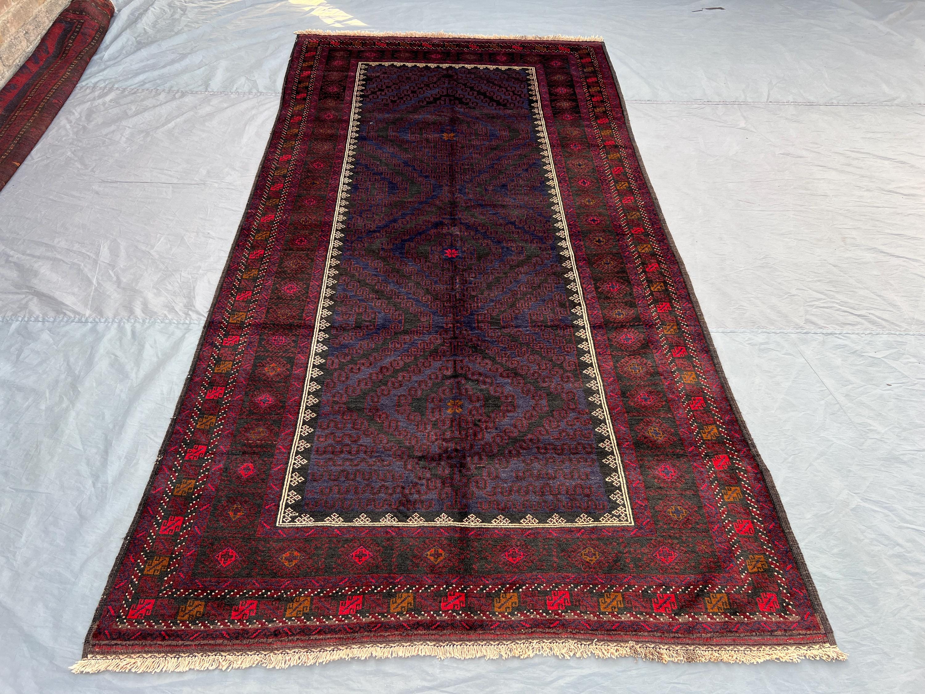 5x10 Antique Afghan Baluch Rug | Handmade Tribal Wool Rug | Red Blue Geometric Carpet | Large Vintage Hallway Area Rug | Boho Nomadic Decor