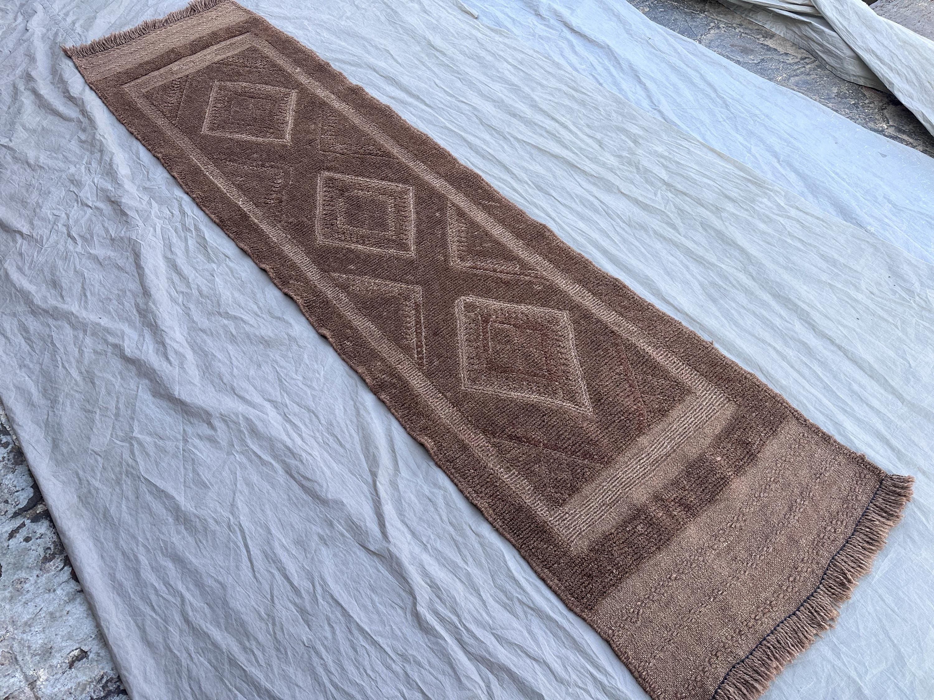 1'11 x 7'5 Afghan Hand Knotted Vintage Rare Soft Pile One of a Kind Narrow Runner Terracotta Color Faded Mishwani Design | Living room decor