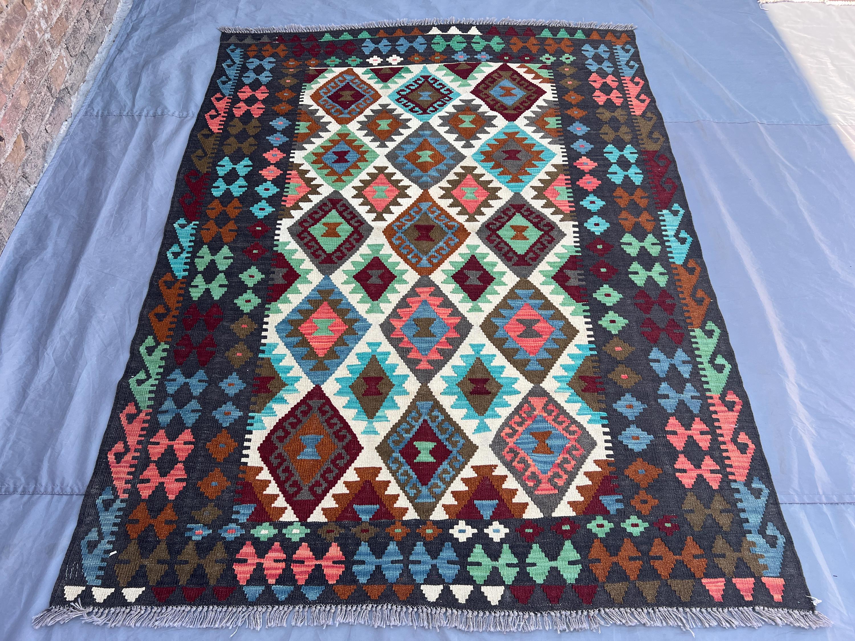 6x8 Afghan Rug, Handmade Natural Vegetable dyes Wool Rug, Blue Orange Red Beige, Turkmen Flatweave Kilim Rug, Modern Area Rug, Bedroom Rug