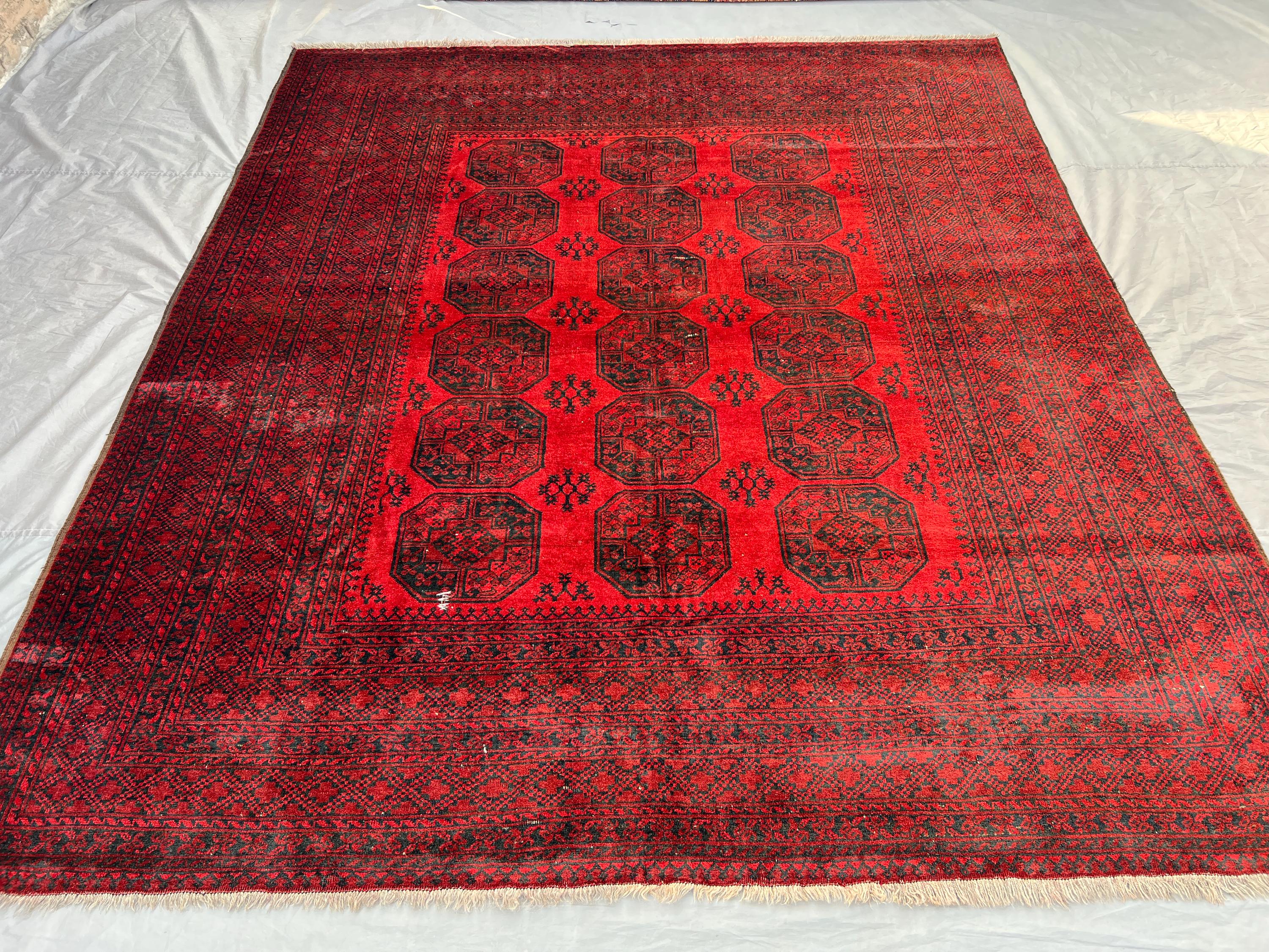 9x10 Afghan Tribal Rug | Hand-Knotted Wool Carpet | Red Elephant Foot Design | Turkmen Bukhara Style | Vintage Oriental Rug, Floor Decor