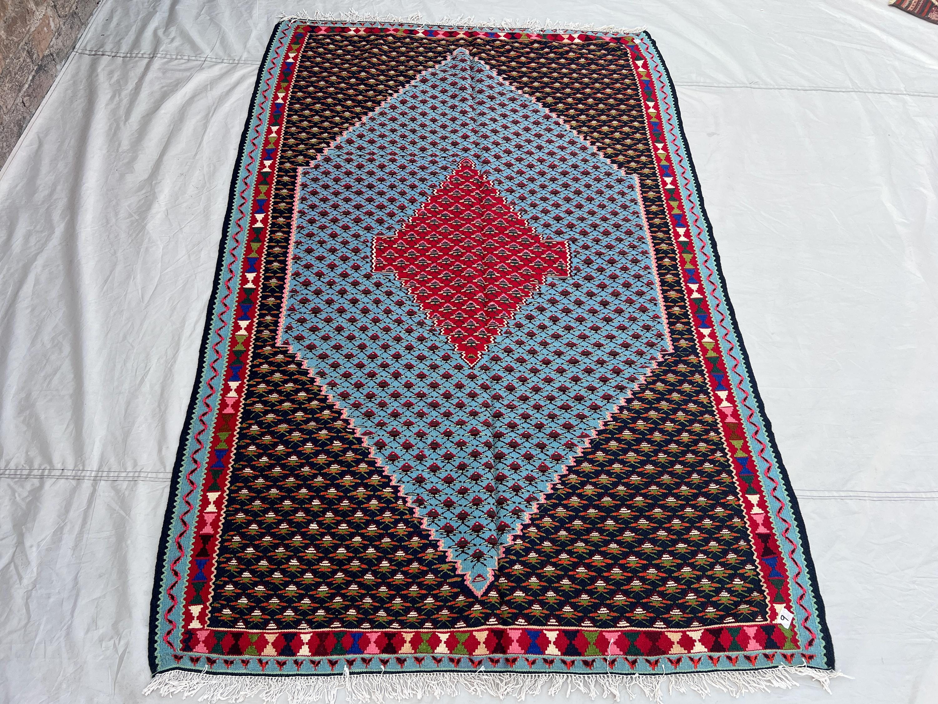 4'7x7 Vintage Afghan Kilim | Flat Weave Wool Area Kilim | Navy Blue Sky Blue Red Diamond Medallion Kilim | Bohemian Living Room Kilim