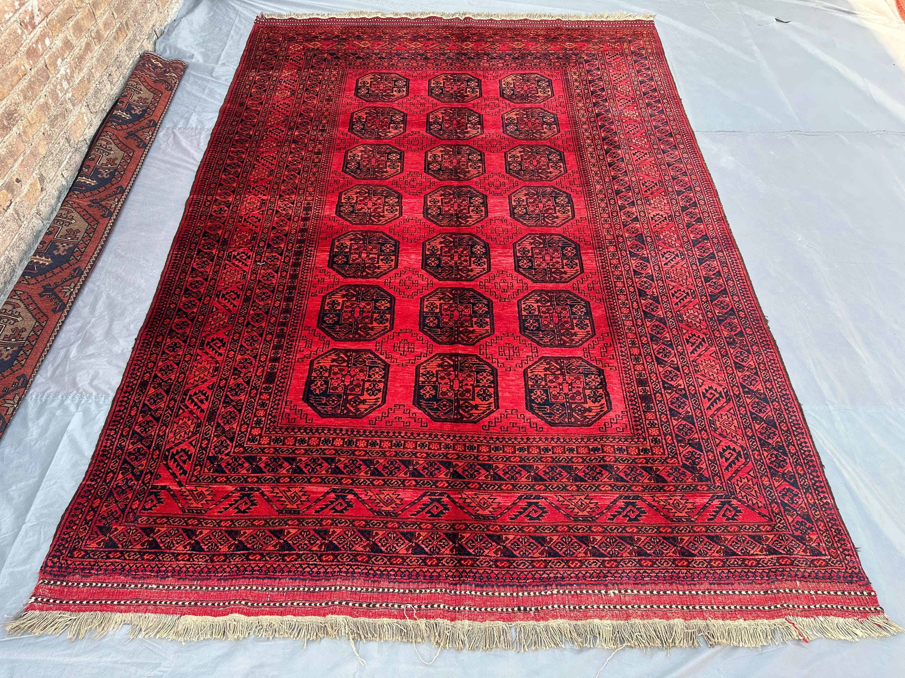 7x10 Antique Turkmen Bukhara Rug, Afghan Hand Knotted Wool Area Rug, Geometric Elephant Foot Design, Red Black