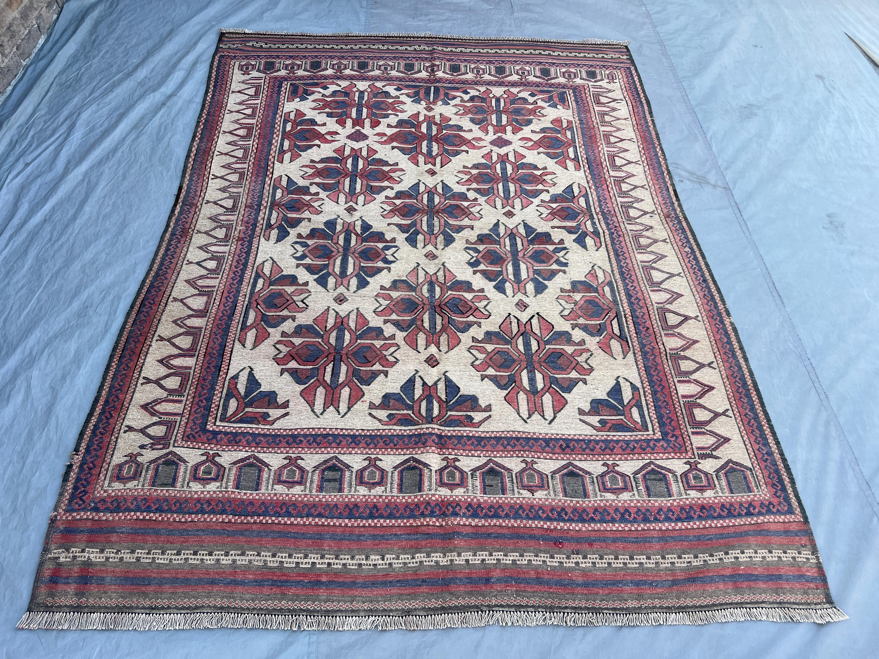 6'4 x 8'8 ft Vintage Afghan Baluchi Handwoven Flatweave Wool Rug, Tribal Design, Unique Pattern, Decor Rug, Tr