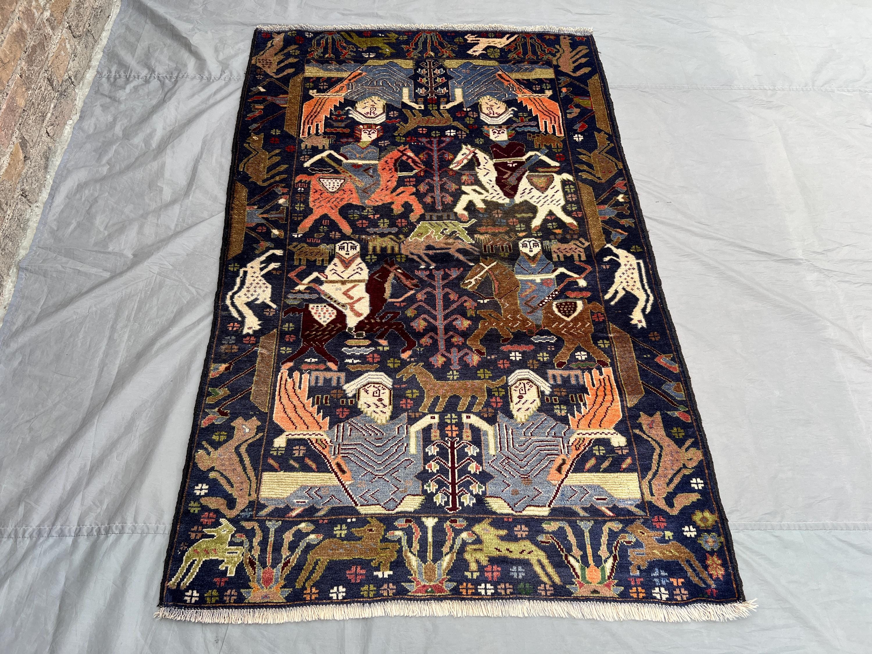 Afghan Baluchi Vintage Rug 3.11x6.2 ft | Handwoven Wool Tribal Carpet with Unique Horse & Rider Design | Antiq