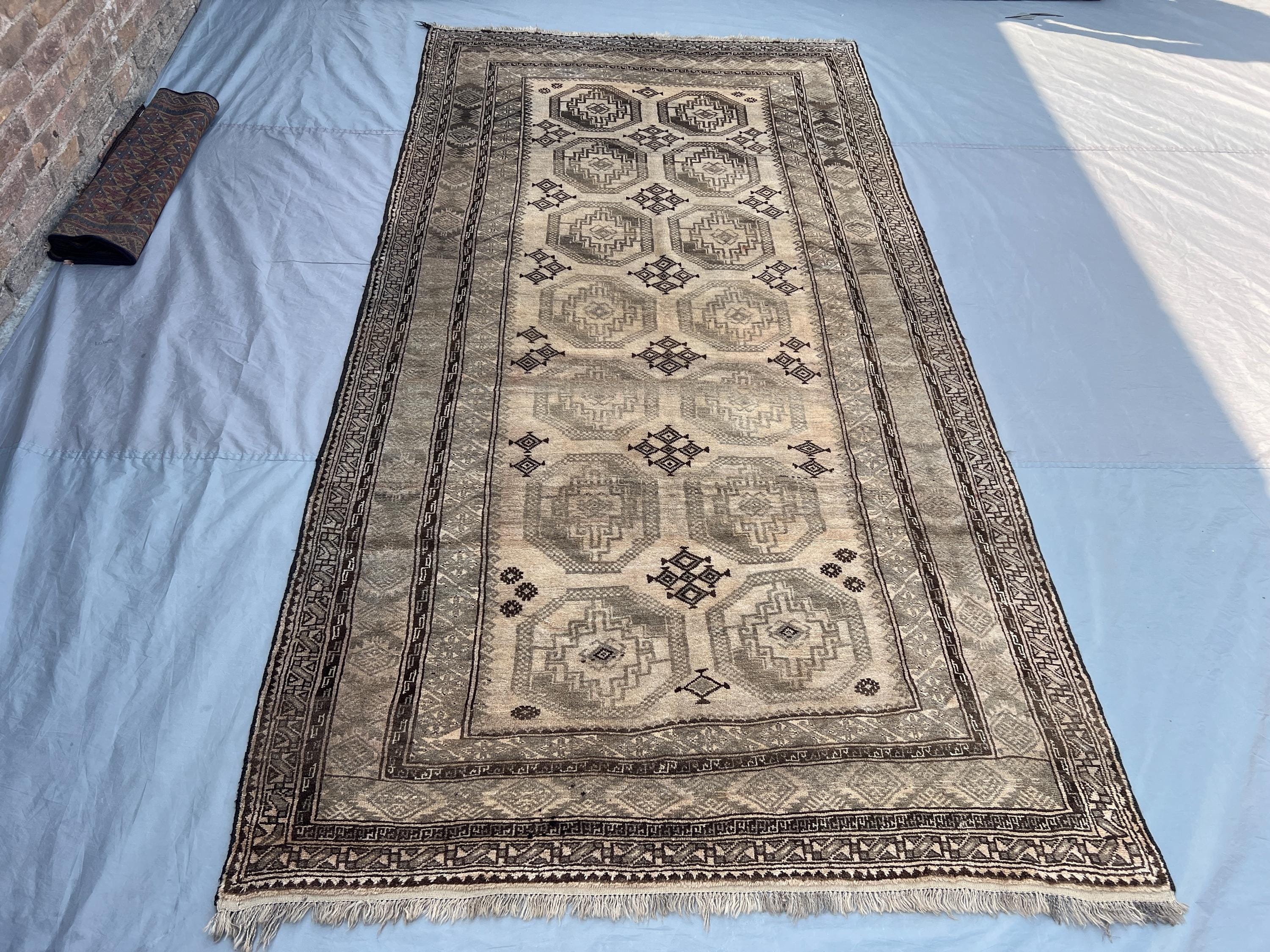 5 x 10 Afghan Hand Knotted Vintage, Bokhara Design Rug Soft Pile Distressed Terracotta Gray Beige | living room, bedroom, kitchen decor rug