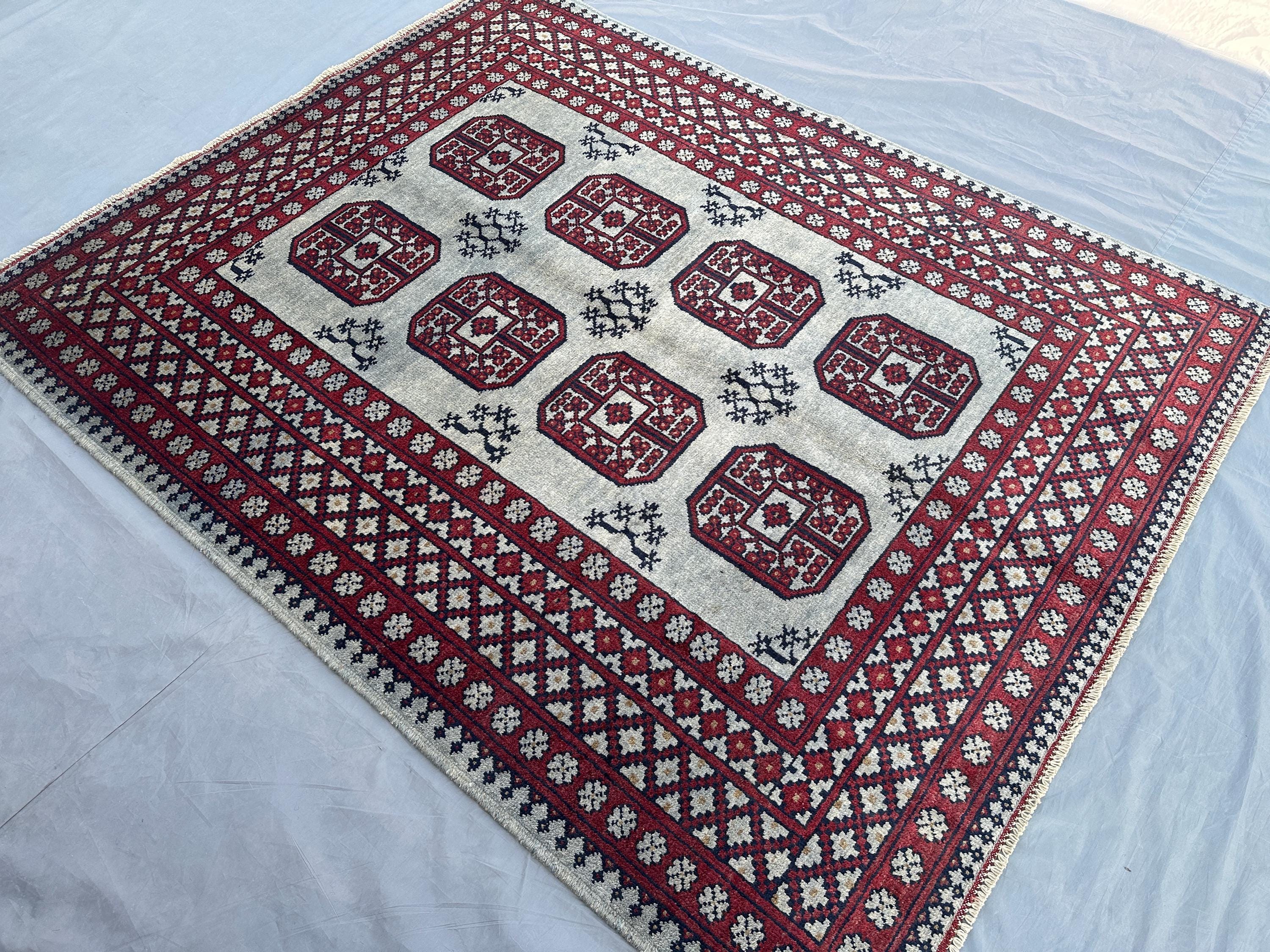 5'x6'5" Afghan Hand Knotted Rug, Modern Luxury Wool Area Rug, Geometric Elephant Foot Design, Ivory Red Black Carpet, Living Room Decor,