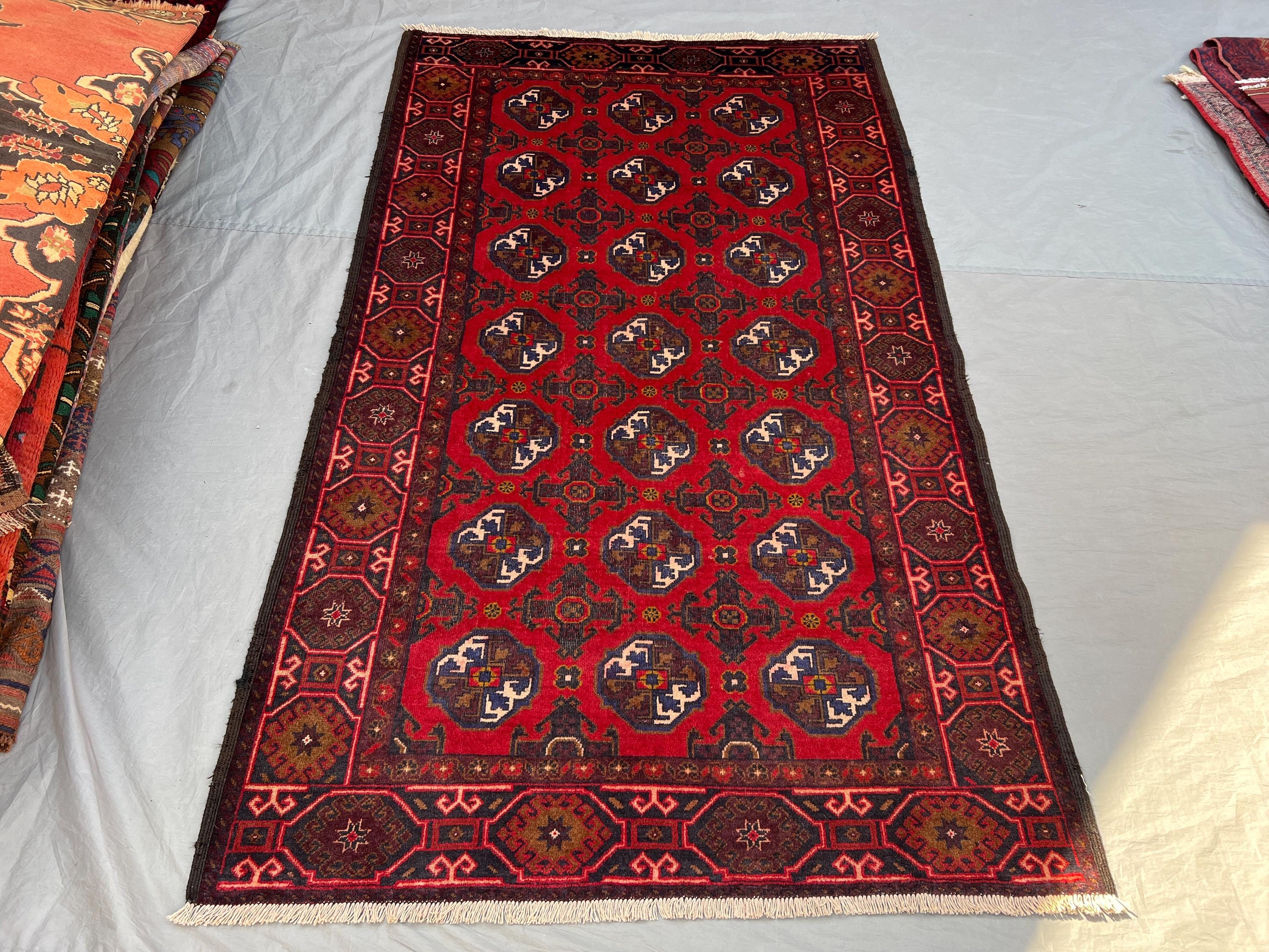 4'2x7 ft Vintage Afghan Pile Rug | Handknotted Tribal All-Over Elephant Foot | Crimson Red & Dark Navy Wool | Area Rug Living Room Bedroom