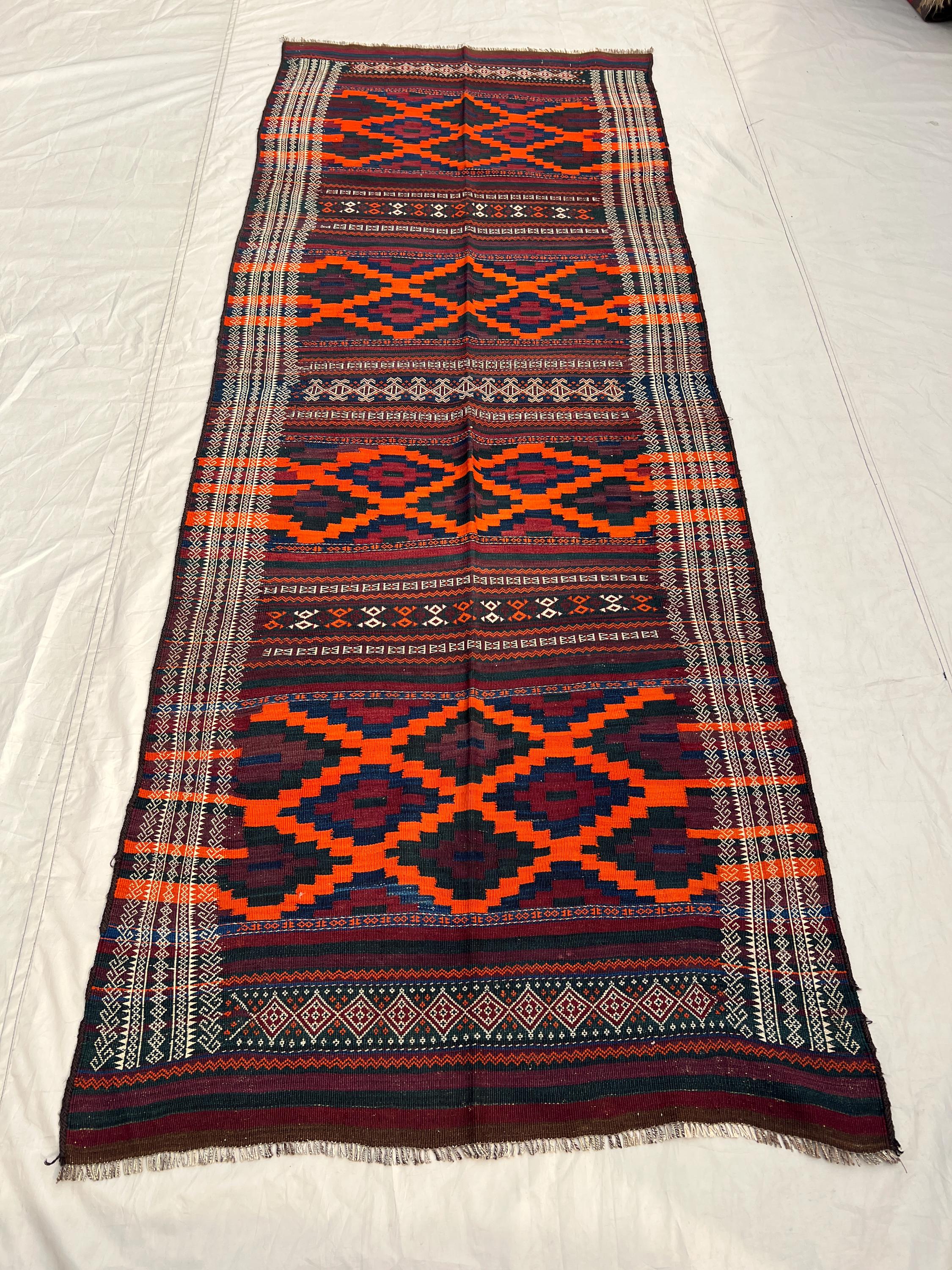 3'6x9'6 Antique Afghan Kilim Handwoven Wool Flatweave Bold Hooked Diamond Geometric Vivid Orange Navy Burgundy Runner | Hallway Living Room