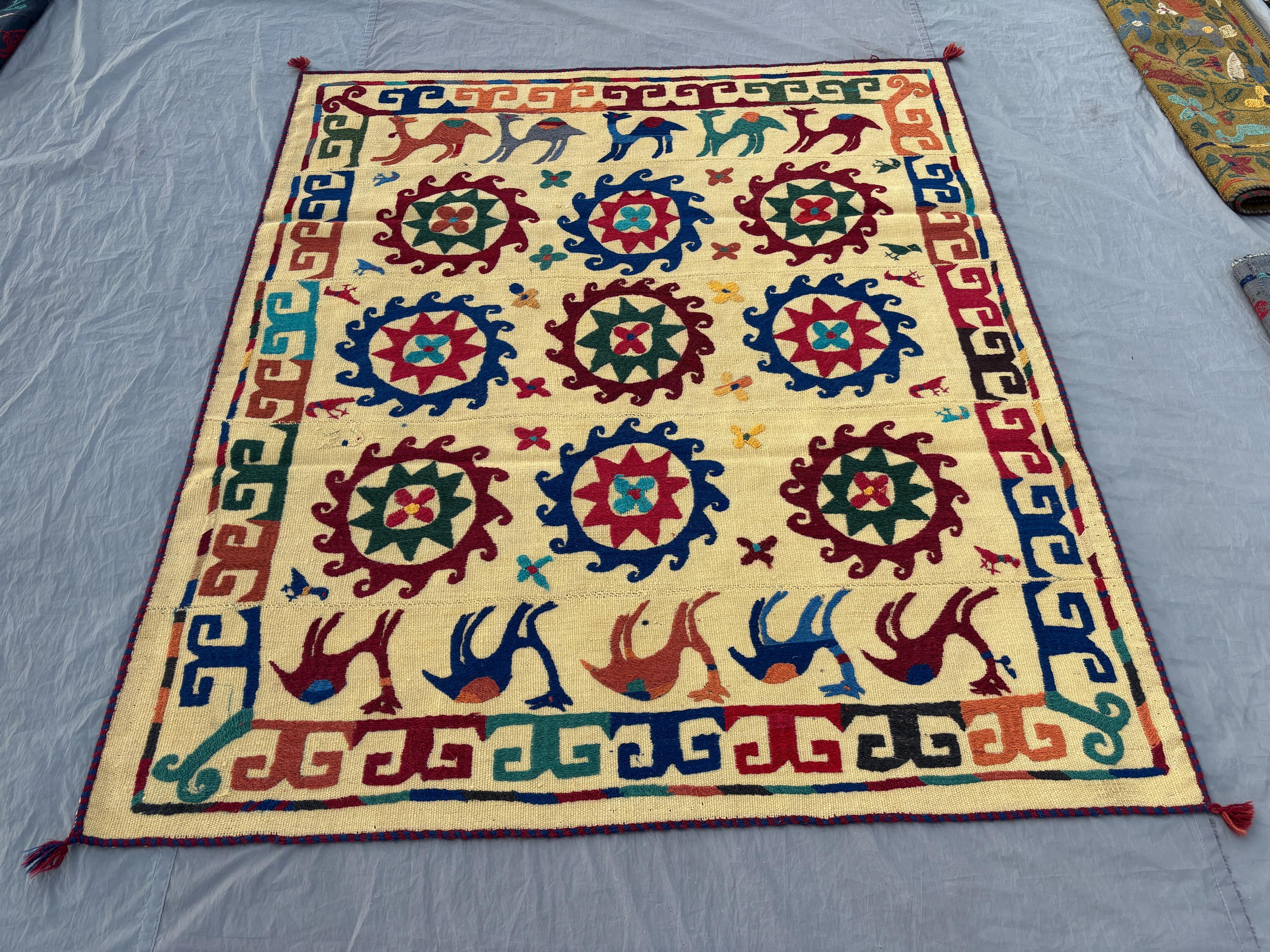 5 x 6 Ft Afghan Hand-Woven Vintage Flat Weave Kilim One of a Kind Luxury Home Decor, Patchwork Pictorial Suzani Design, Birds, Flowers