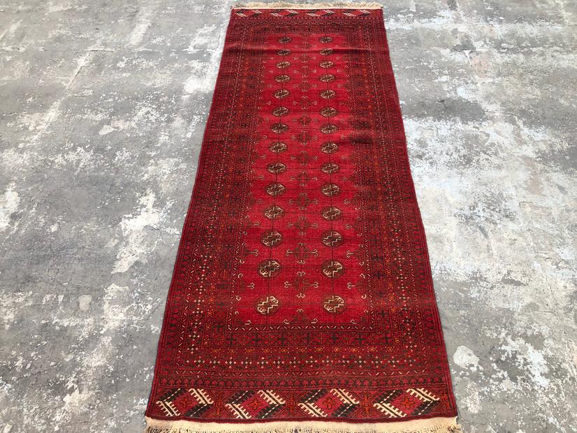 Antique 3.5x9 ft Turkmen Runner Rug – Hand-Knotted Afghan Wool Carpet – Mowri Design for Hallway, Bokhara Kitc